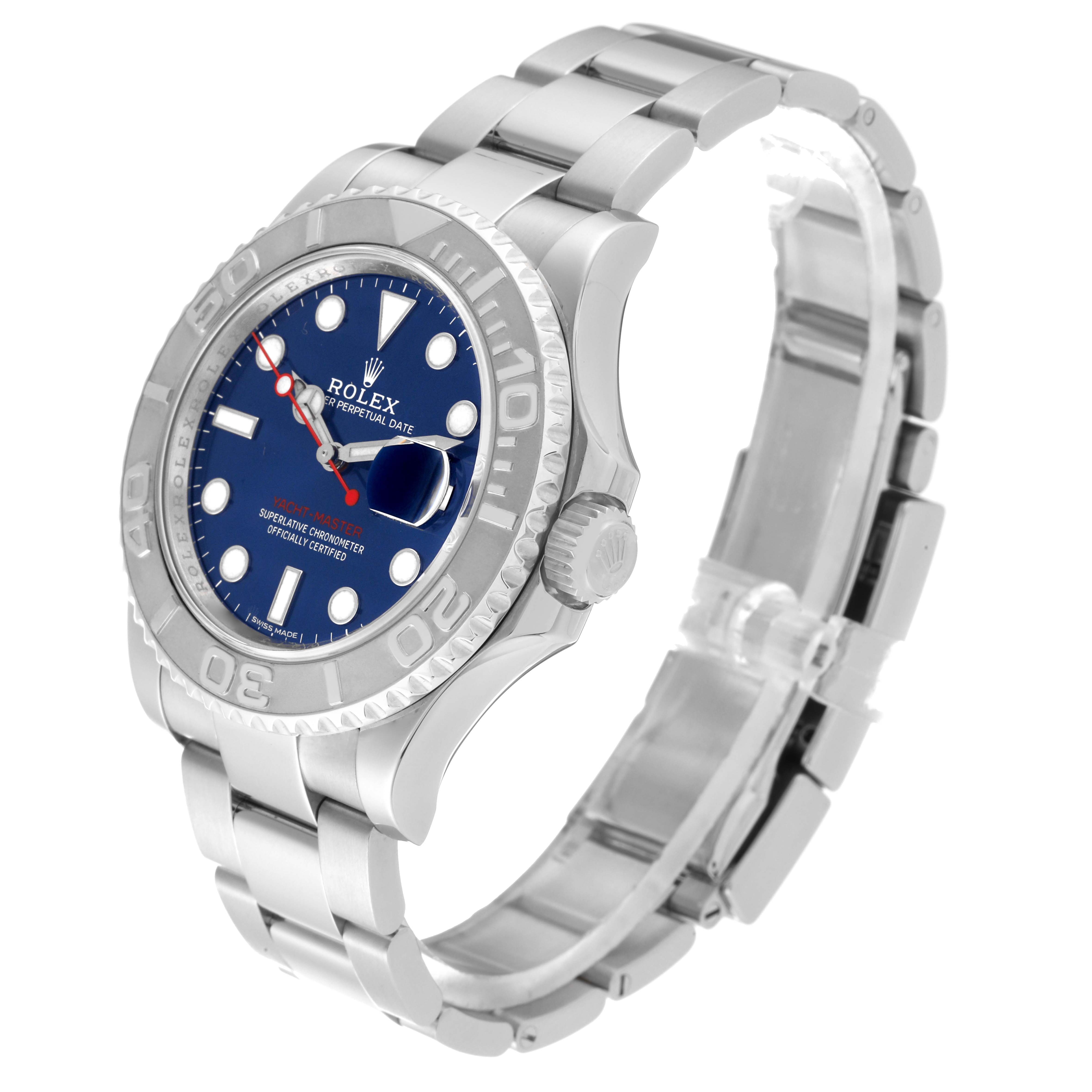 The Rolex Yacht-Master 116622 Men's Stainless Steel Blue Dial 116622 Men's Stainless Steel Blue Dial watch is shown at an oblique angle, featuring the dial, bezel, crown, and bracelet.