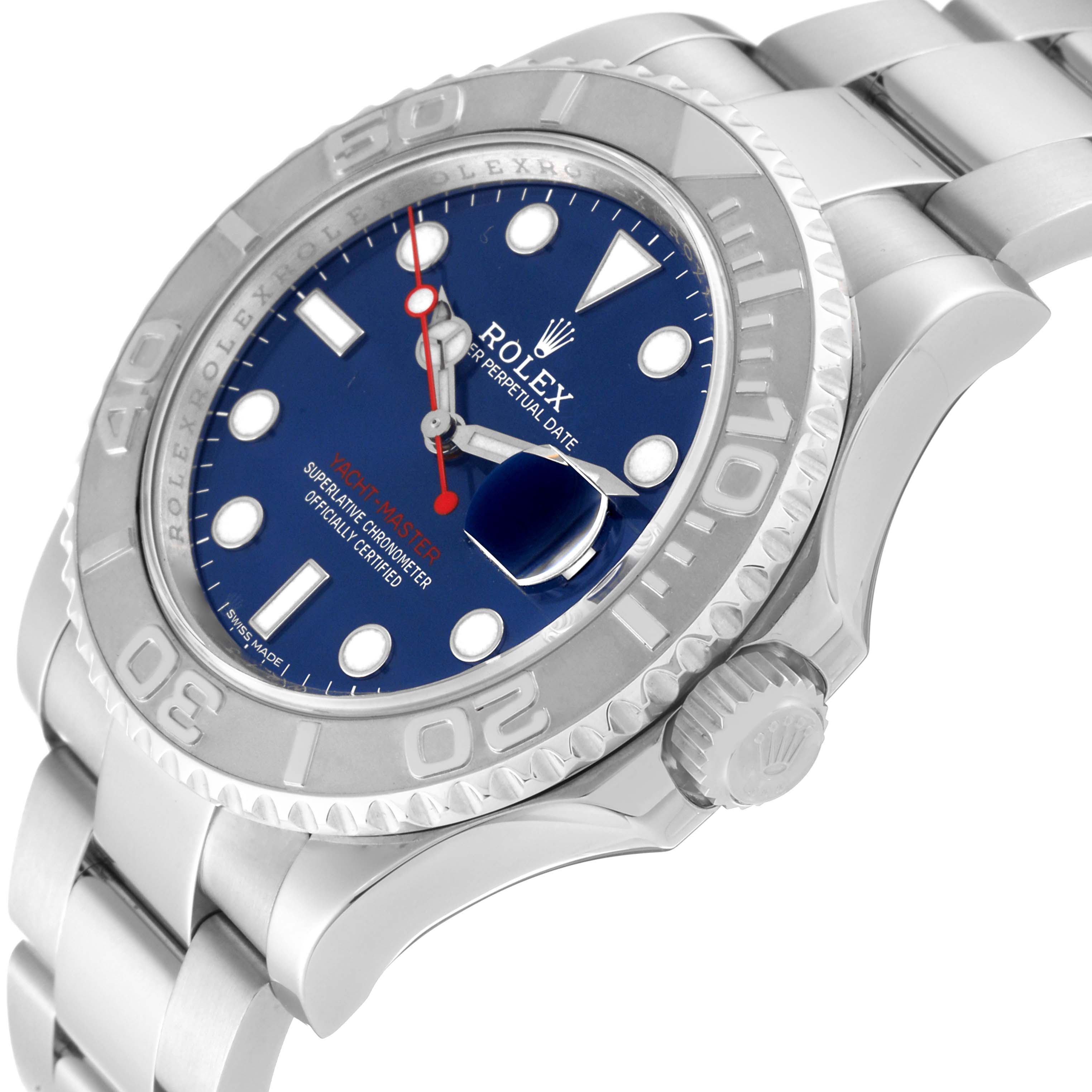 The image shows a side angle of the Rolex Yacht-Master 116622 Men's Stainless Steel Blue Dial 116622 Men's Stainless Steel Blue Dial watch, highlighting the dial, bezel, crown, and bracelet.