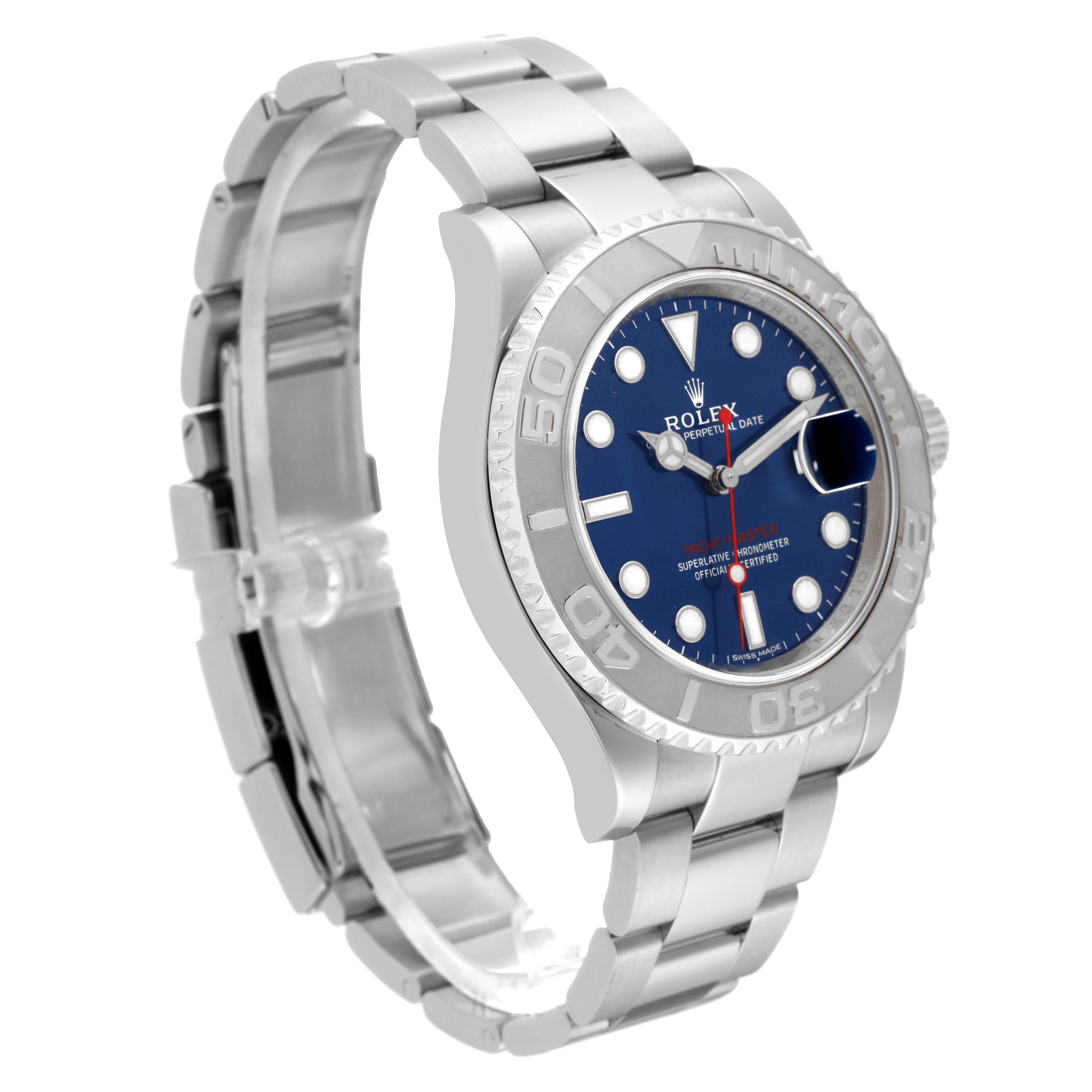 The image shows a Rolex Yacht-Master 116622 Men's Stainless Steel Blue Dial 116622 Men's Stainless Steel Blue Dial watch from a three-quarter angle displaying its bracelet, case, and dial.