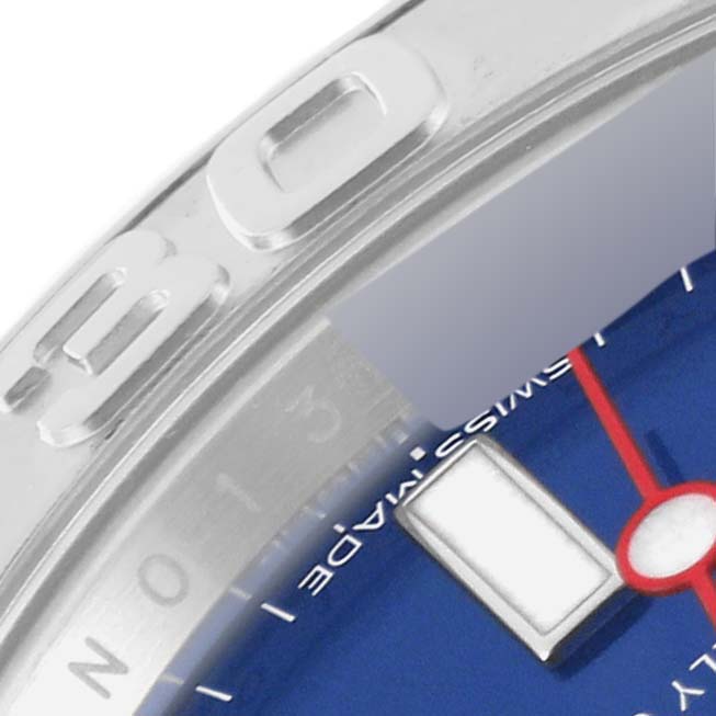 The image shows a close-up of the bezel, dial, and a portion of the minute hand of a Rolex Yacht-Master 116622 Men's Stainless Steel Blue Dial 116622 Men's Stainless Steel Blue Dial watch.