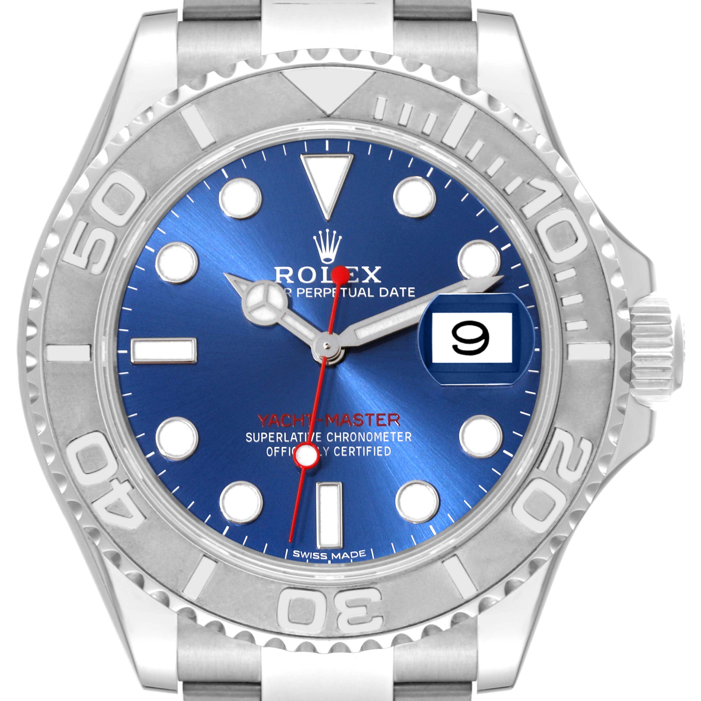 This image shows a front view of the Rolex Yacht-Master 116622 Men's Stainless Steel Blue Dial 116622 Men's Stainless Steel Blue Dial watch, highlighting the dial, bezel, hands, and bracelet.