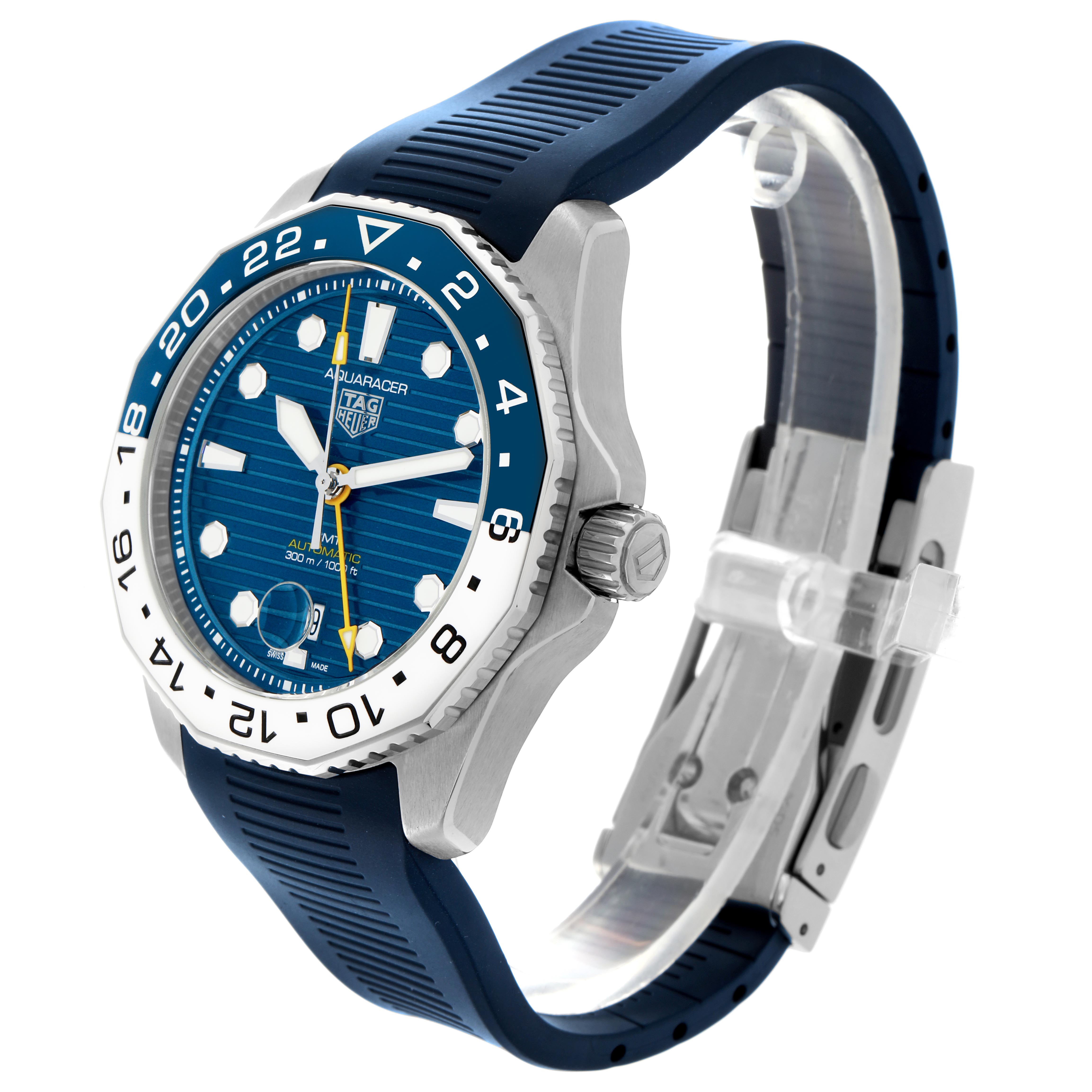 The Tag Heuer Aquaracer WBP2010.FT6198 Men's Stainless Steel Blue Dial WBP2010.FT6198 Men's Stainless Steel Blue Dial watch is shown at a three-quarter angle, highlighting the face, bezel, crown, and blue strap.