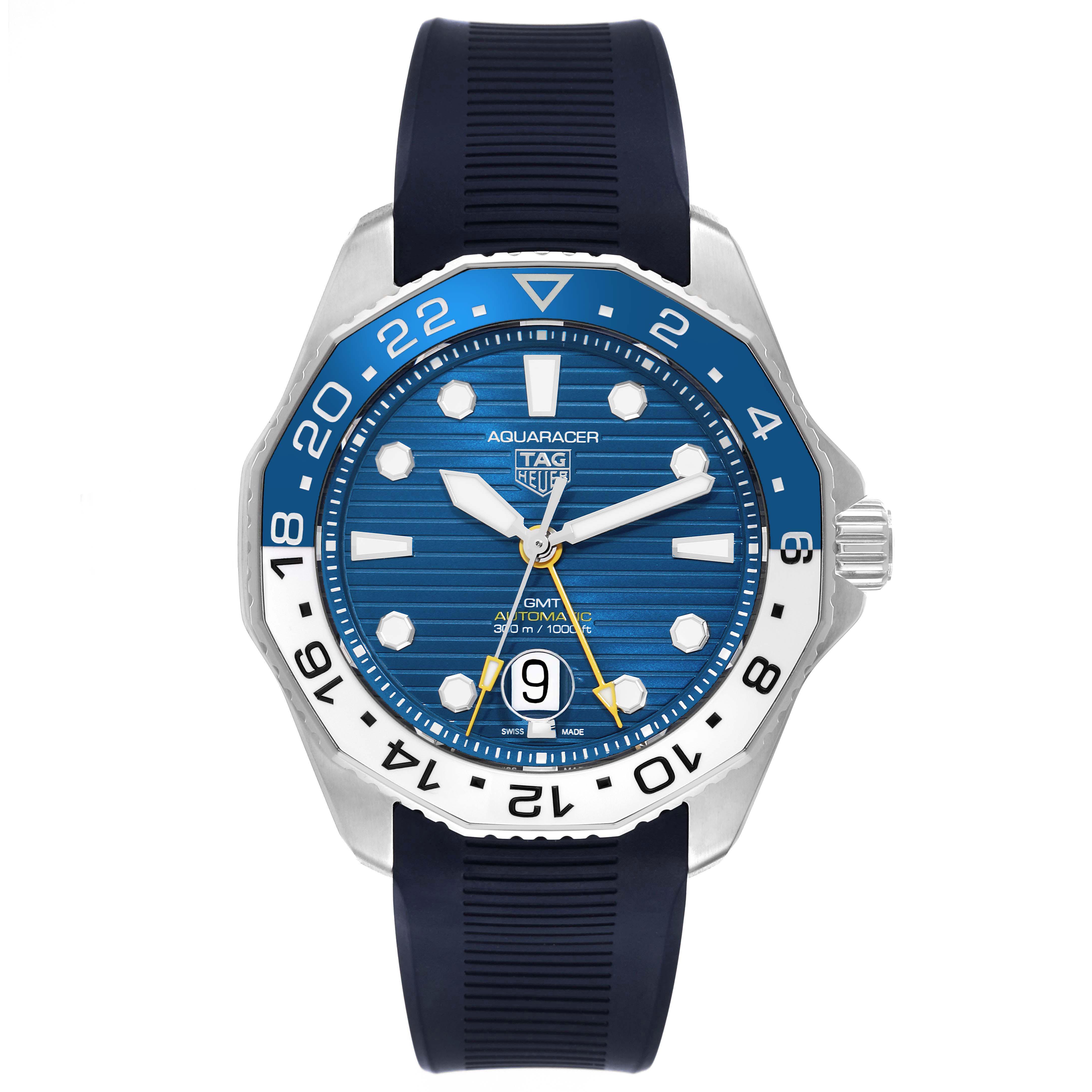 The Tag Heuer Aquaracer WBP2010.FT6198 Men's Stainless Steel Blue Dial WBP2010.FT6198 Men's Stainless Steel Blue Dial watch is shown from the front, displaying its blue dial, bezel, and rubber strap.