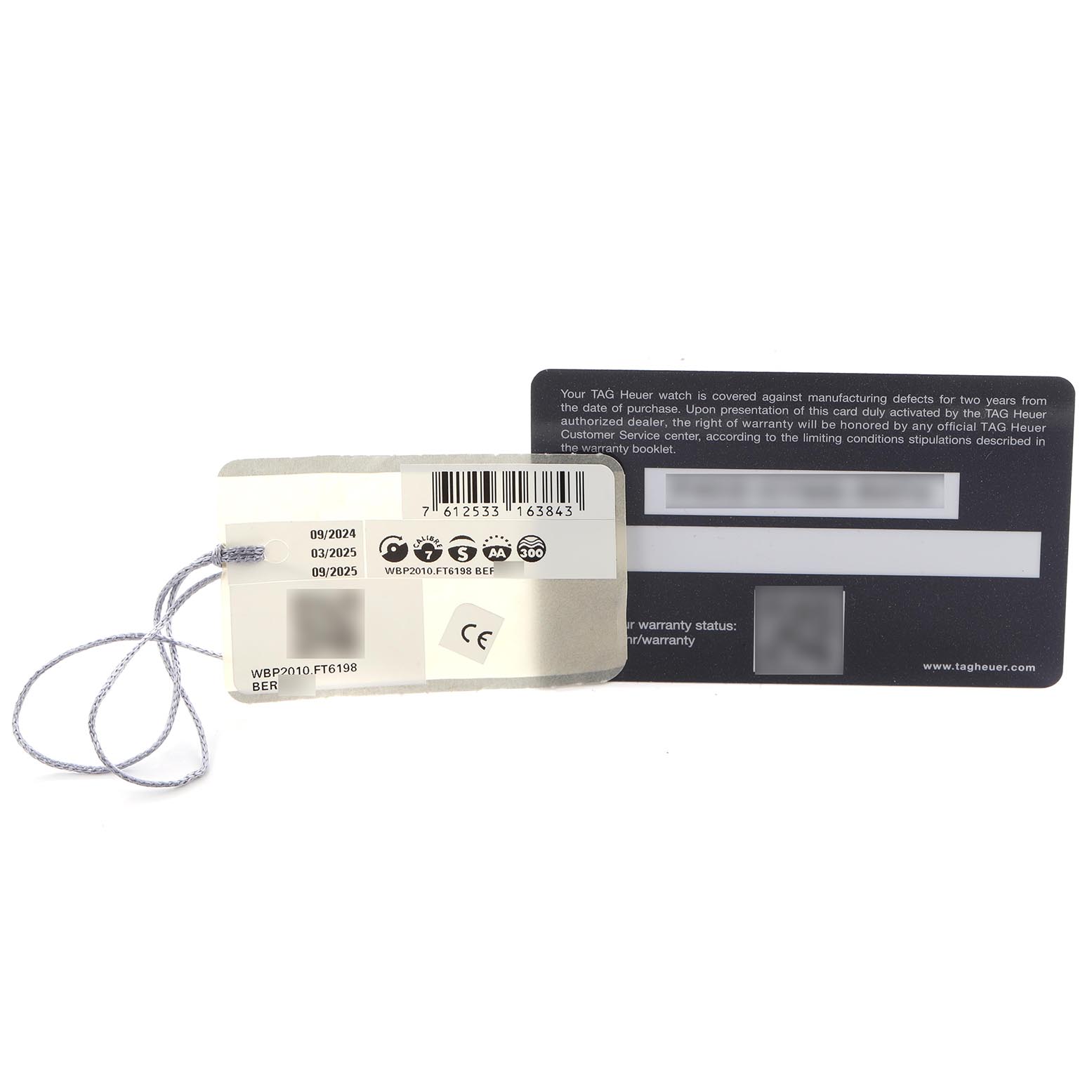 The image shows a Tag Heuer Aquaracer WBP2010.FT6198 Men's Stainless Steel Blue Dial WBP2010.FT6198 Men's Stainless Steel Blue Dial warranty card and tag with string, focusing on warranty details and barcode.