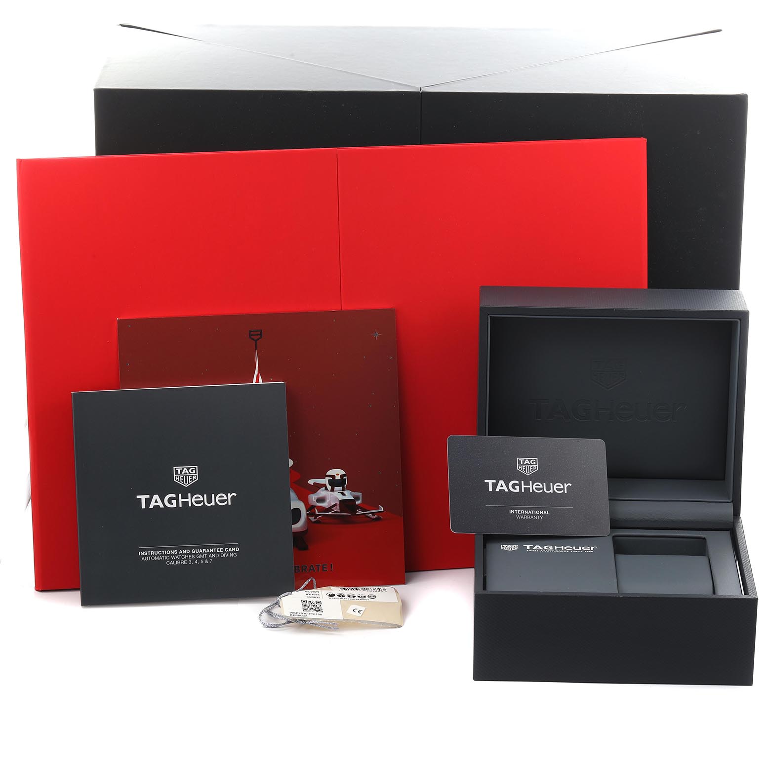 The image shows Tag Heuer Aquaracer WBP2010.FT6198 Men's Stainless Steel Blue Dial WBP2010.FT6198 Men's Stainless Steel Blue Dial packaging, including a watch box, manuals, card, and tags, viewed from the front.