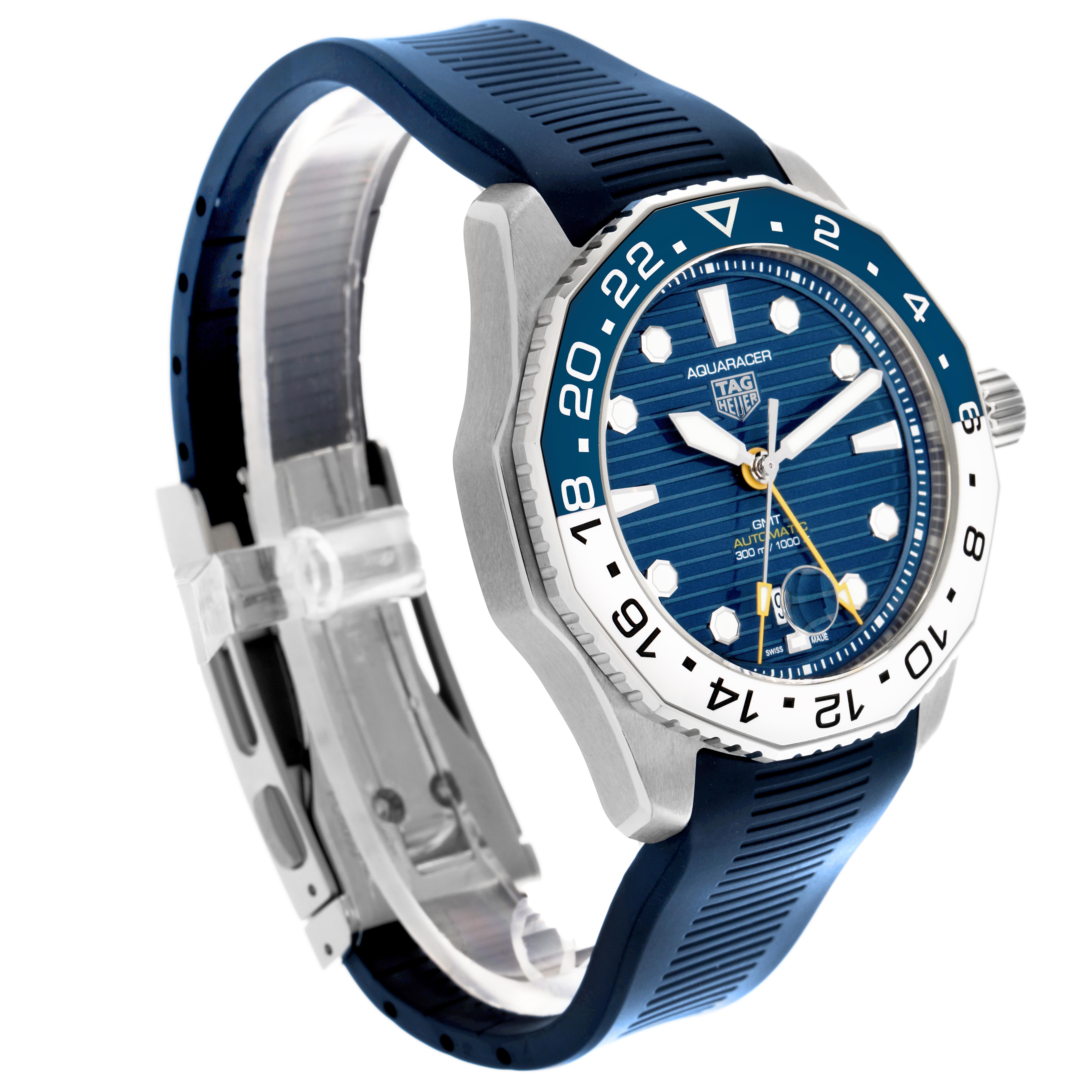 The Tag Heuer Aquaracer WBP2010.FT6198 Men's Stainless Steel Blue Dial WBP2010.FT6198 Men's Stainless Steel Blue Dial watch is displayed at a three-quarter angle showing the bezel, dial, case, and part of the strap.