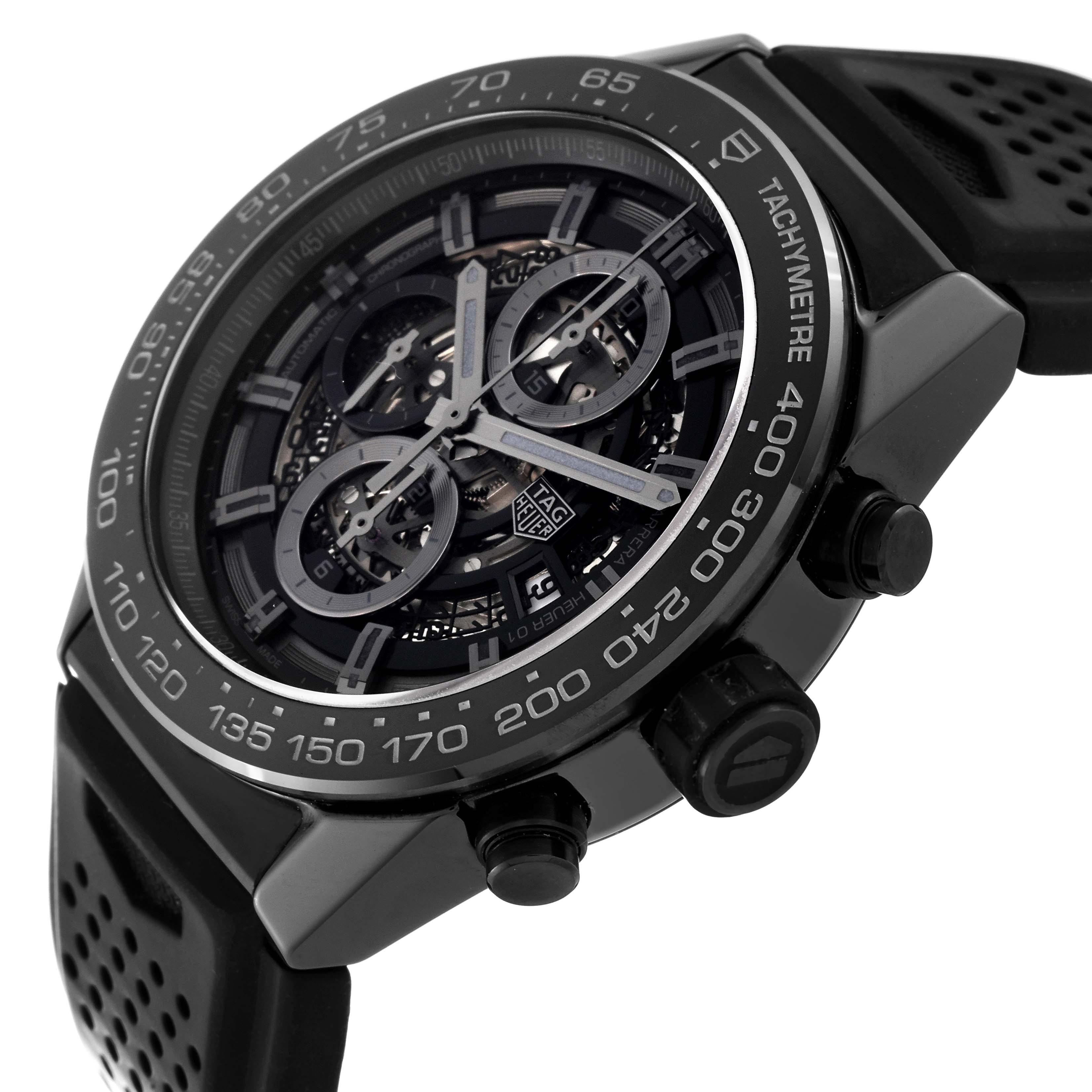 The image shows a close-up angled view of the face and side buttons of a Tag Heuer Carrera CAR2A90.FT6071 Men's Ceramic Black Dial CAR2A90.FT6071 Men's Ceramic Black Dial watch.