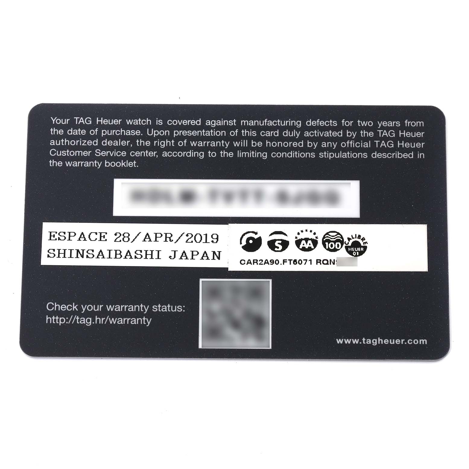 This image shows the warranty card for the Tag Heuer Carrera CAR2A90.FT6071 Men's Ceramic Black Dial CAR2A90.FT6071 Men's Ceramic Black Dial model watch.