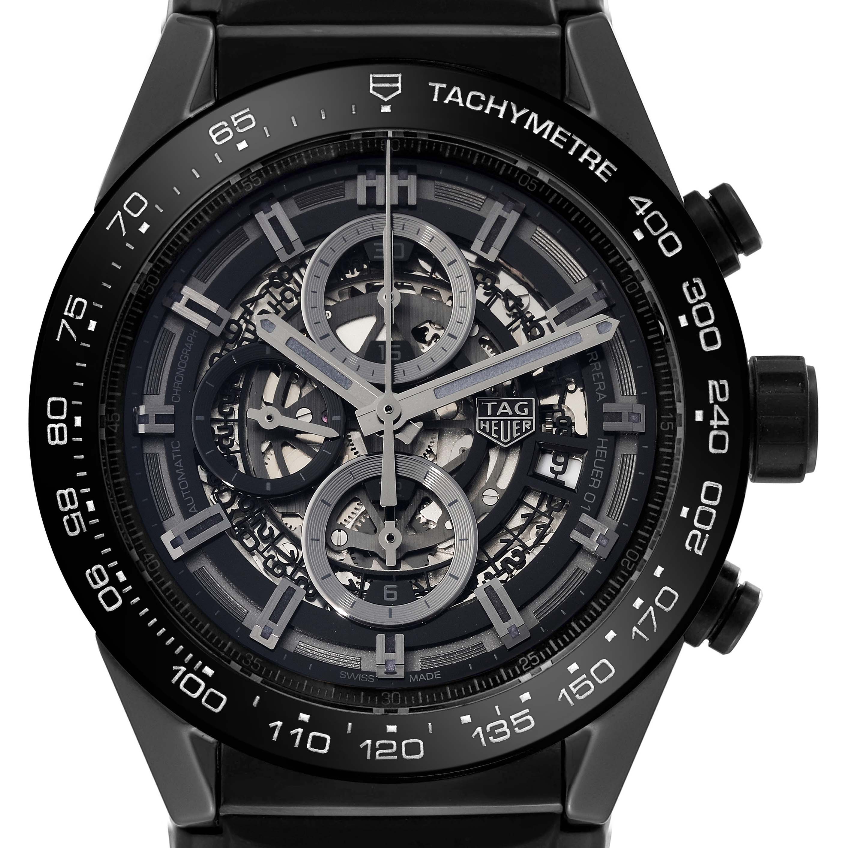 The image shows a close-up front view of a Tag Heuer Carrera CAR2A90.FT6071 Men's Ceramic Black Dial CAR2A90.FT6071 Men's Ceramic Black Dial watch, displaying its intricate dial, tachymeter, and brand logo.