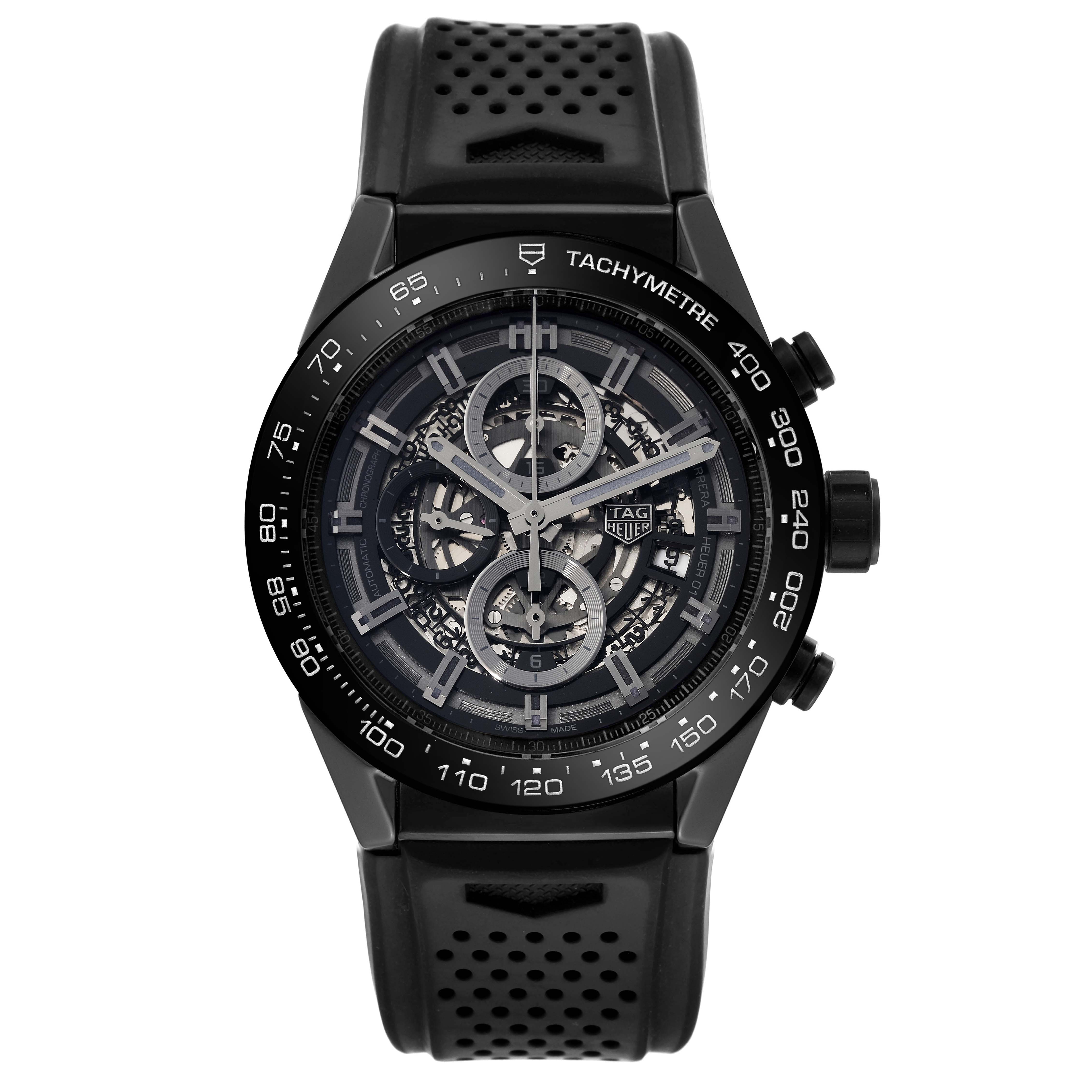 This image shows a front view of the Tag Heuer Carrera CAR2A90.FT6071 Men's Ceramic Black Dial CAR2A90.FT6071 Men's Ceramic Black Dial watch, highlighting its dial, tachymeter bezel, and black perforated strap.