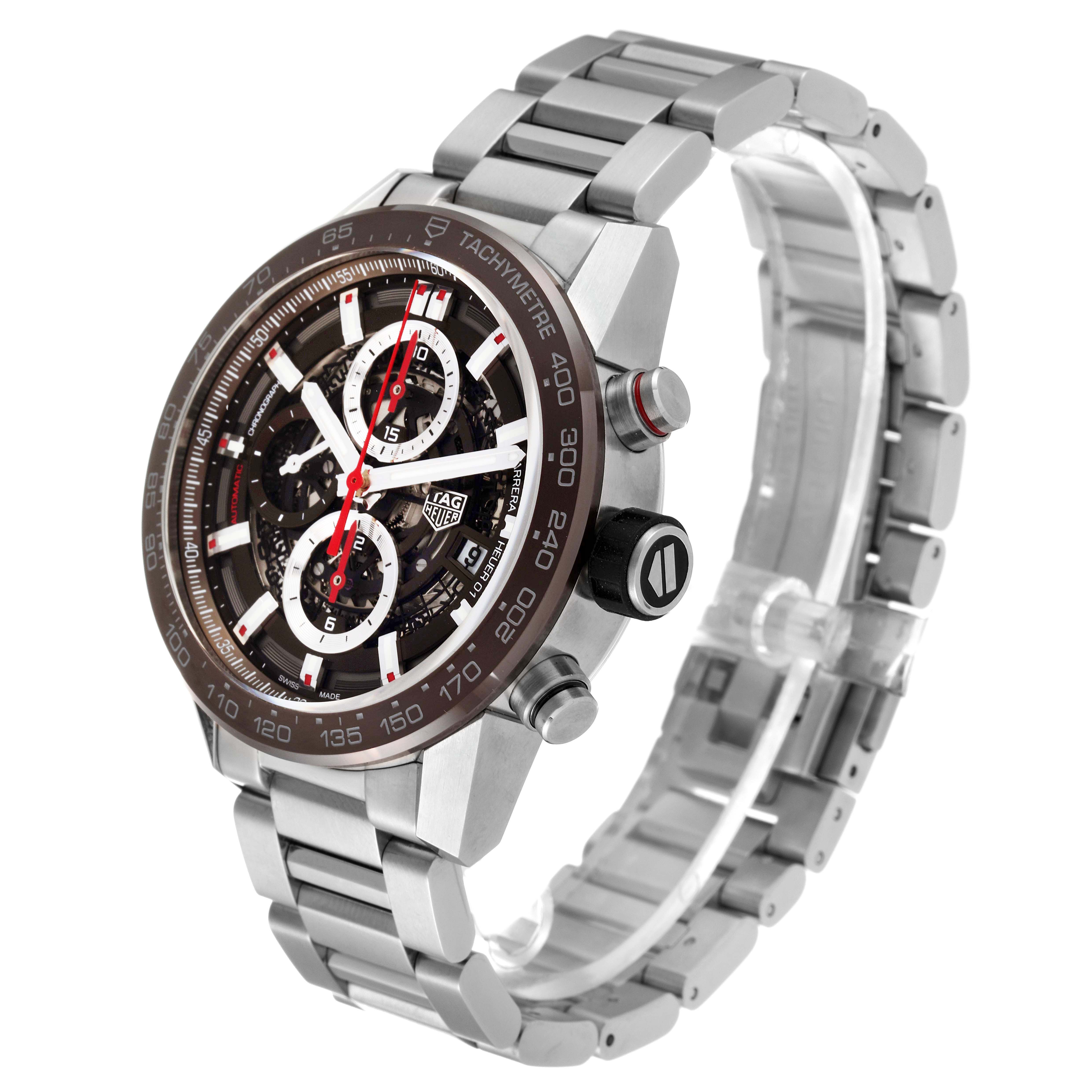 The Tag Heuer Carrera CAR201U.BA0766 Men
s Stainless Steel Brown Dial CAR201U.BA0766 Men
s Stainless Steel Brown Dial watch is shown at a three-quarter angle, displaying the face and metal bracelet.