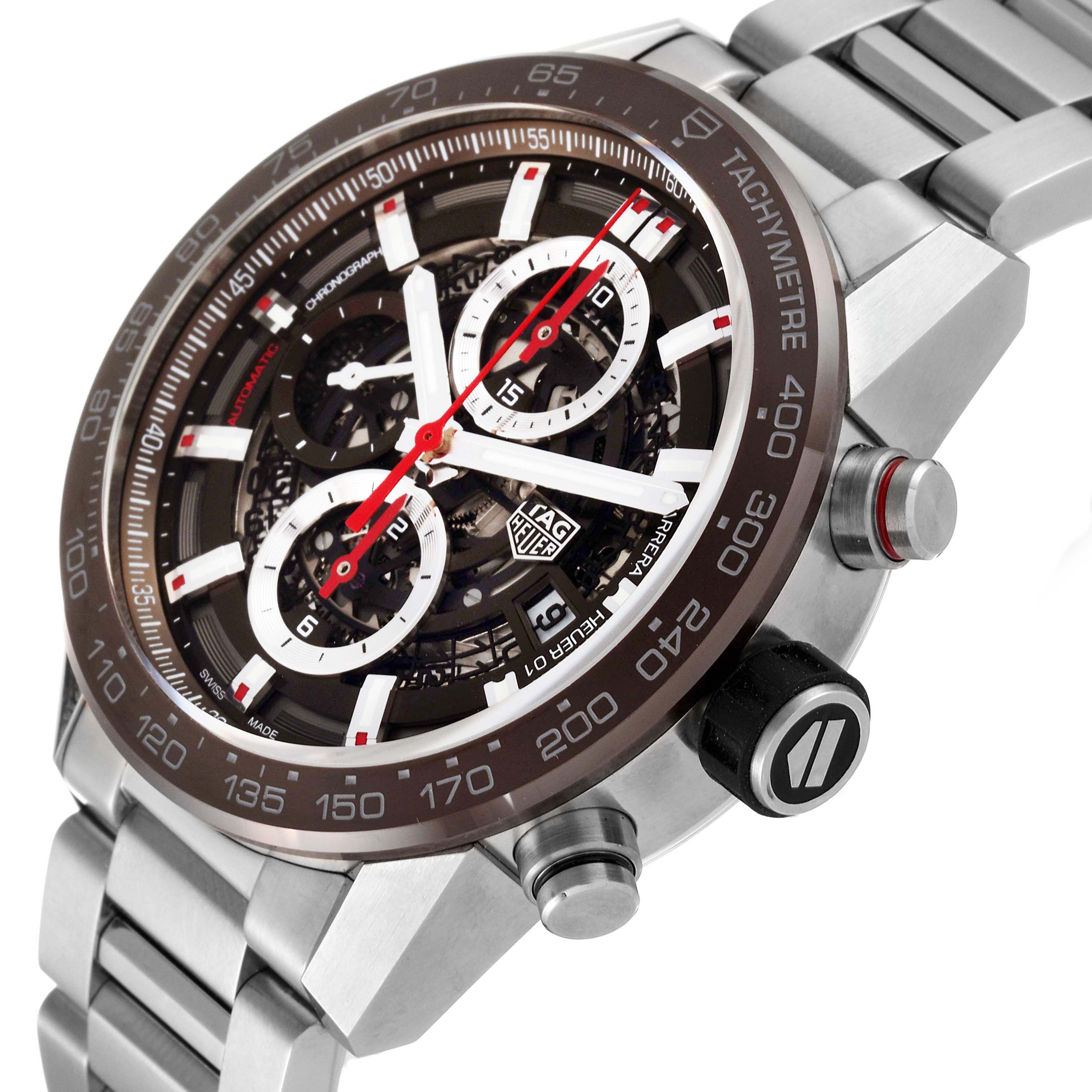 The image shows an angled view of a Tag Heuer Carrera CAR201U.BA0766 Men
s Stainless Steel Brown Dial CAR201U.BA0766 Men
s Stainless Steel Brown Dial watch, highlighting the dial, bezel, chronograph buttons, and bracelet.