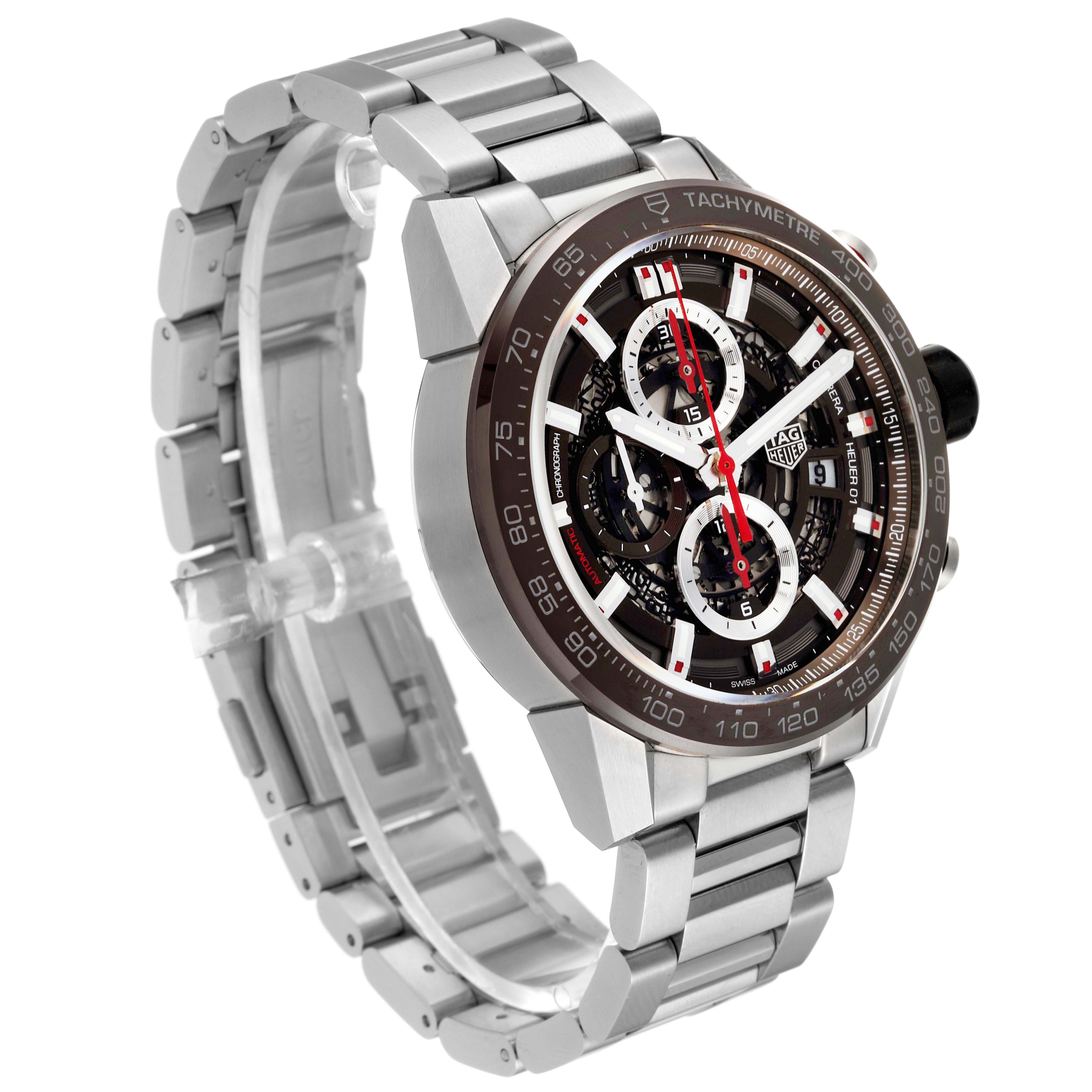 The Tag Heuer Carrera CAR201U.BA0766 Men
s Stainless Steel Brown Dial CAR201U.BA0766 Men
s Stainless Steel Brown Dial watch is shown at a three-quarter angle, highlighting its dial, bracelet, and tachymeter bezel.