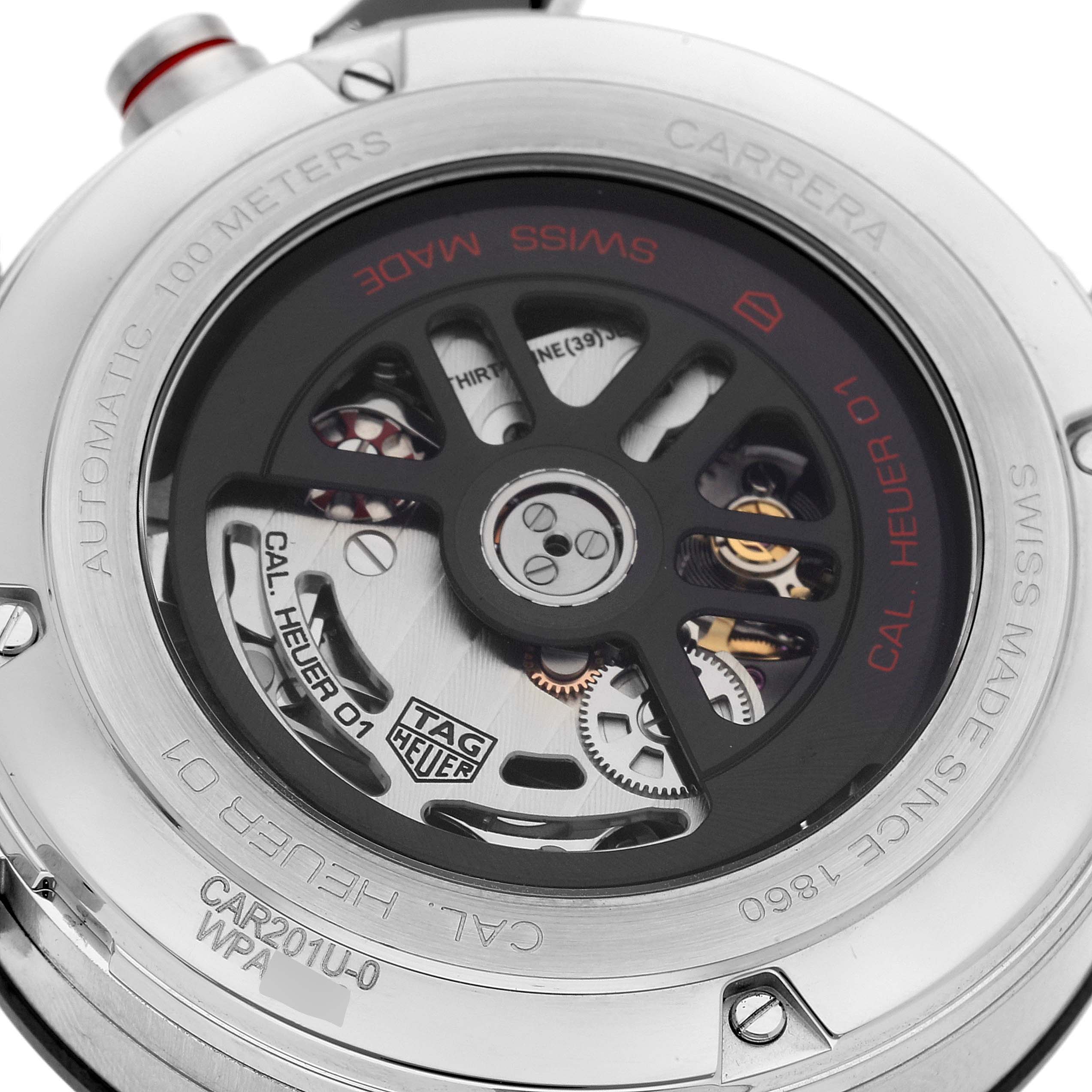 This image shows the back case and internal mechanism of a Tag Heuer Carrera CAR201U.BA0766 Men
s Stainless Steel Brown Dial CAR201U.BA0766 Men
s Stainless Steel Brown Dial watch.