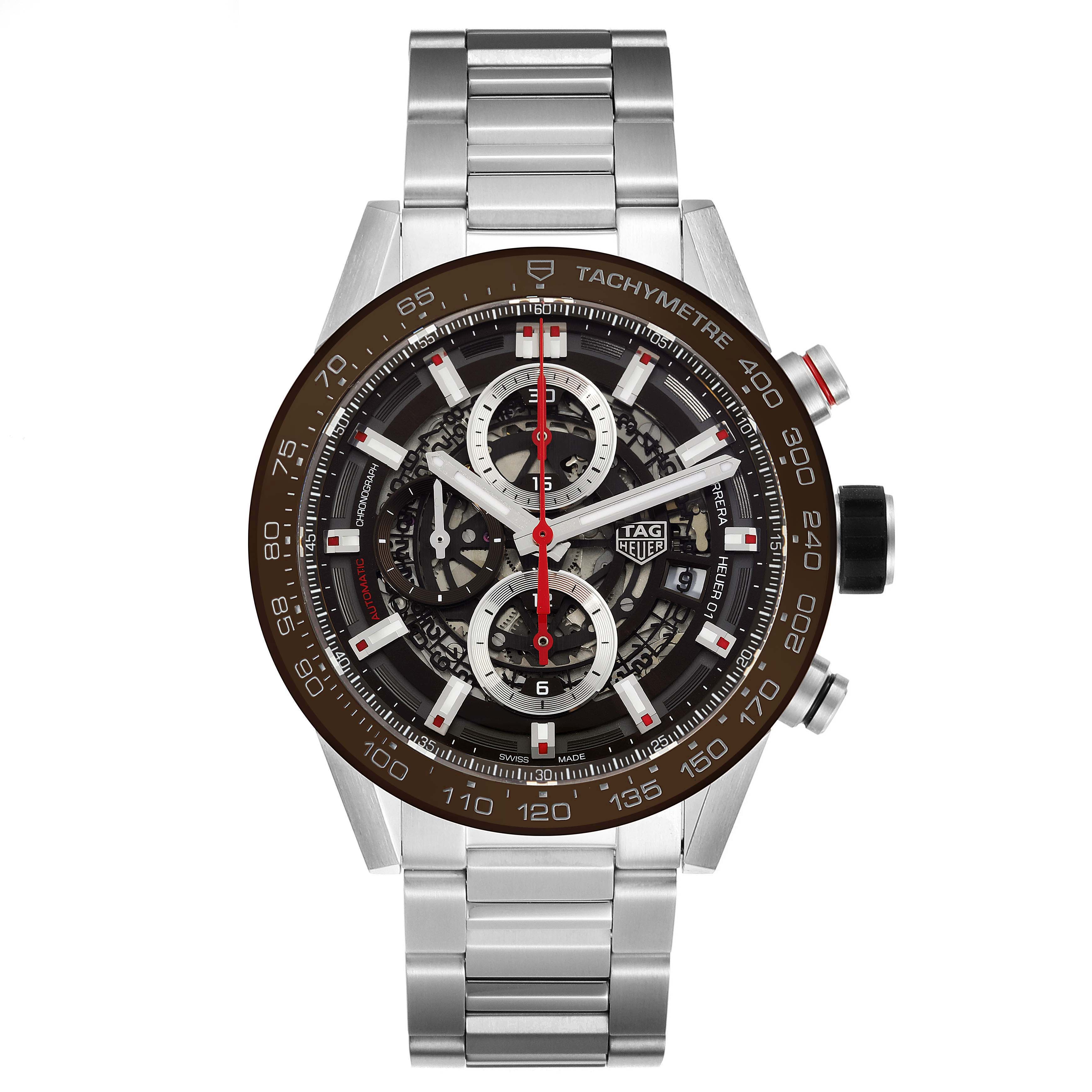 The image shows a front view of a Tag Heuer Carrera CAR201U.BA0766 Men
s Stainless Steel Brown Dial CAR201U.BA0766 Men
s Stainless Steel Brown Dial watch, highlighting the dial, tachymeter bezel, and bracelet.