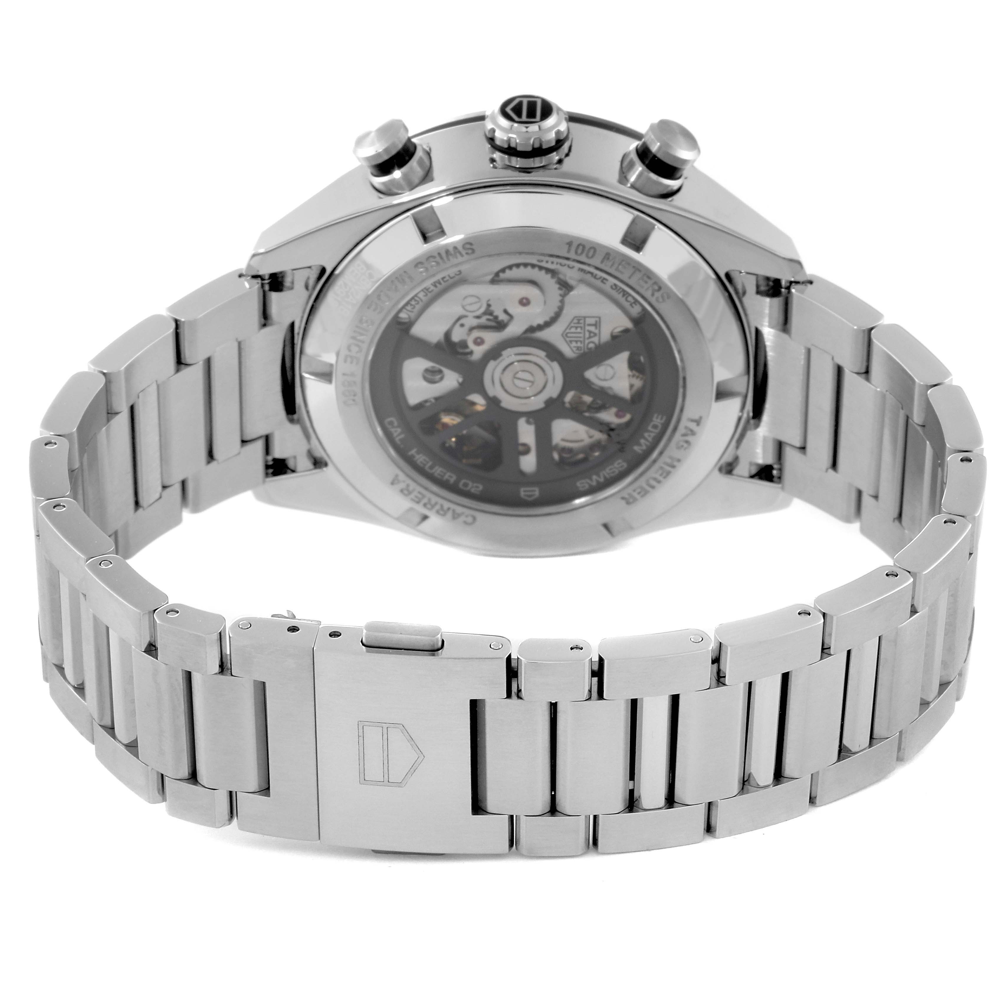 The image shows the rear view of the Tag Heuer Carrera CBN2A1B.BA0643 Men's Stainless Steel Black Dial CBN2A1B.BA0643 Men's Stainless Steel Black Dial watch, highlighting its bracelet and open case back.