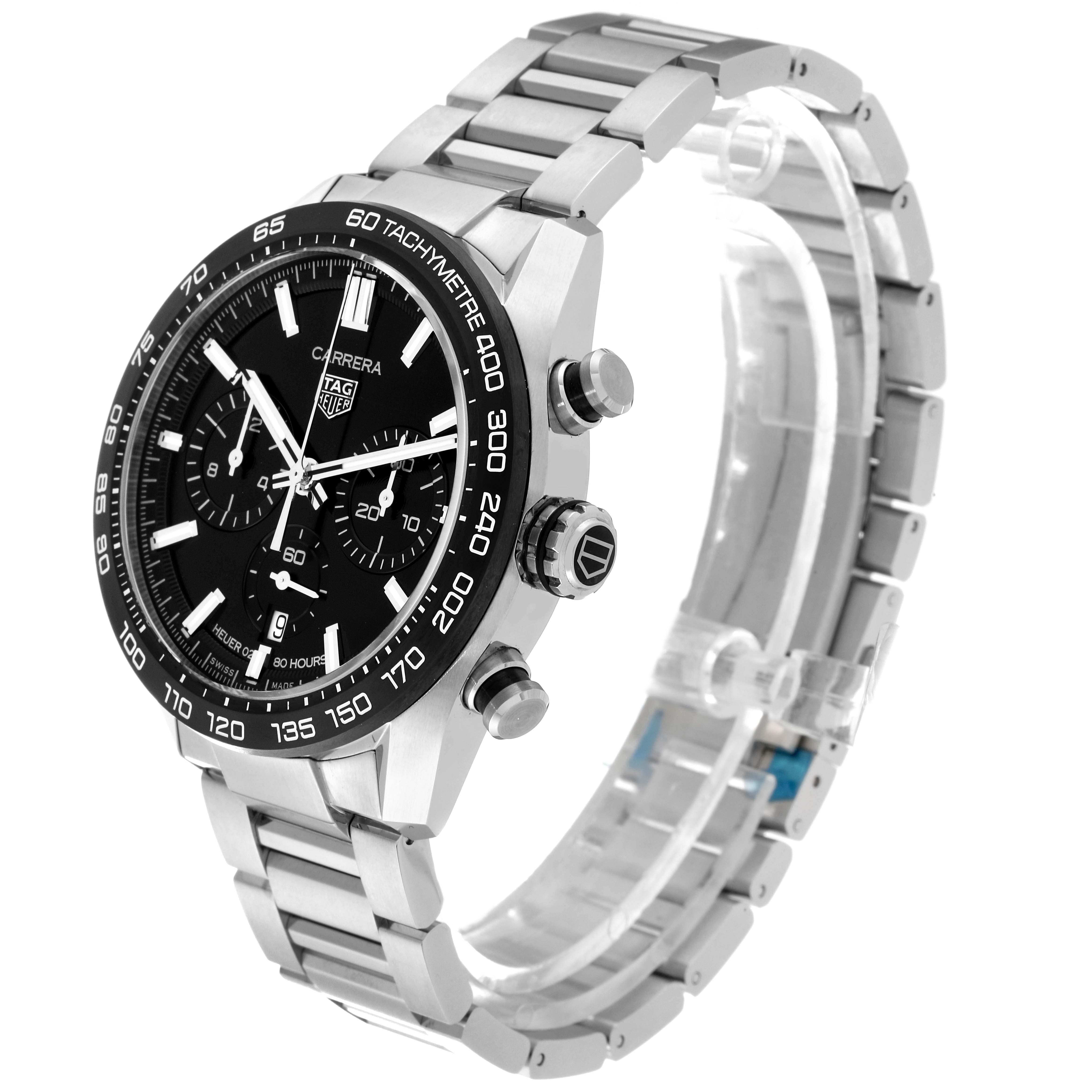 The image shows a side angle view of a Tag Heuer Carrera CBN2A1B.BA0643 Men's Stainless Steel Black Dial CBN2A1B.BA0643 Men's Stainless Steel Black Dial watch, highlighting its dial, bezel, and bracelet.