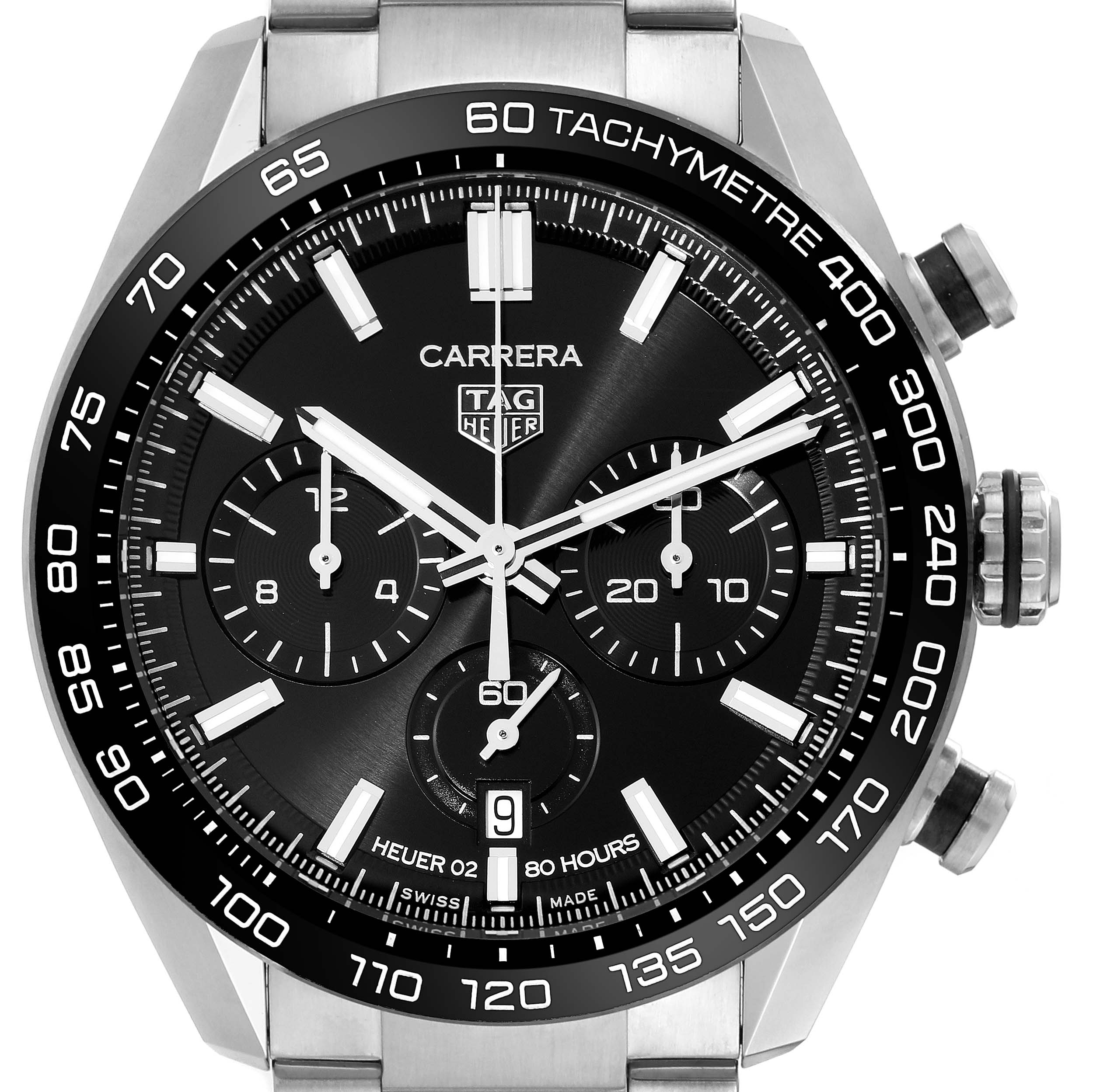 The Tag Heuer Carrera CBN2A1B.BA0643 Men's Stainless Steel Black Dial CBN2A1B.BA0643 Men's Stainless Steel Black Dial watch is shown from a front angle, displaying its tachymeter bezel, chronograph dials, and date feature.