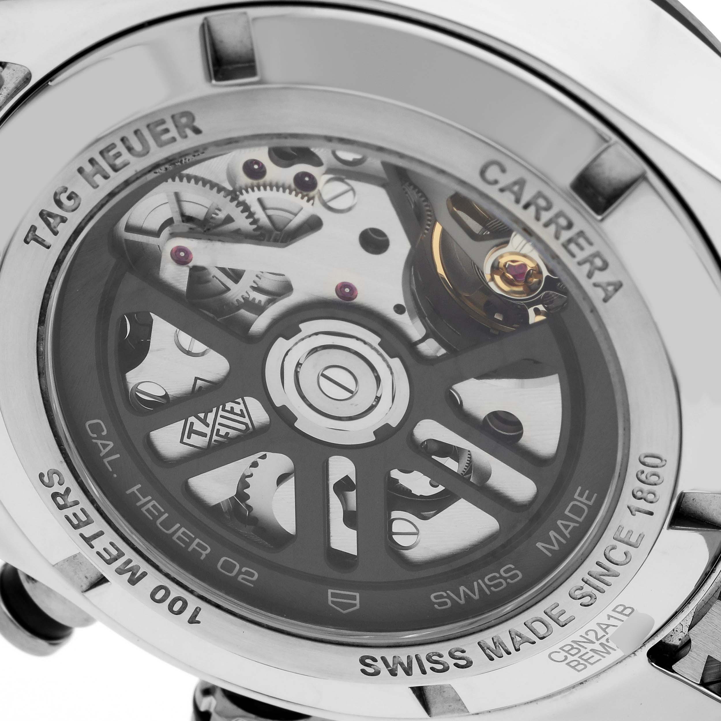 Rear view of the Tag Heuer Carrera CBN2A1B.BA0643 Men's Stainless Steel Black Dial CBN2A1B.BA0643 Men's Stainless Steel Black Dial watch showcasing the internal mechanics and engraved details on the back.