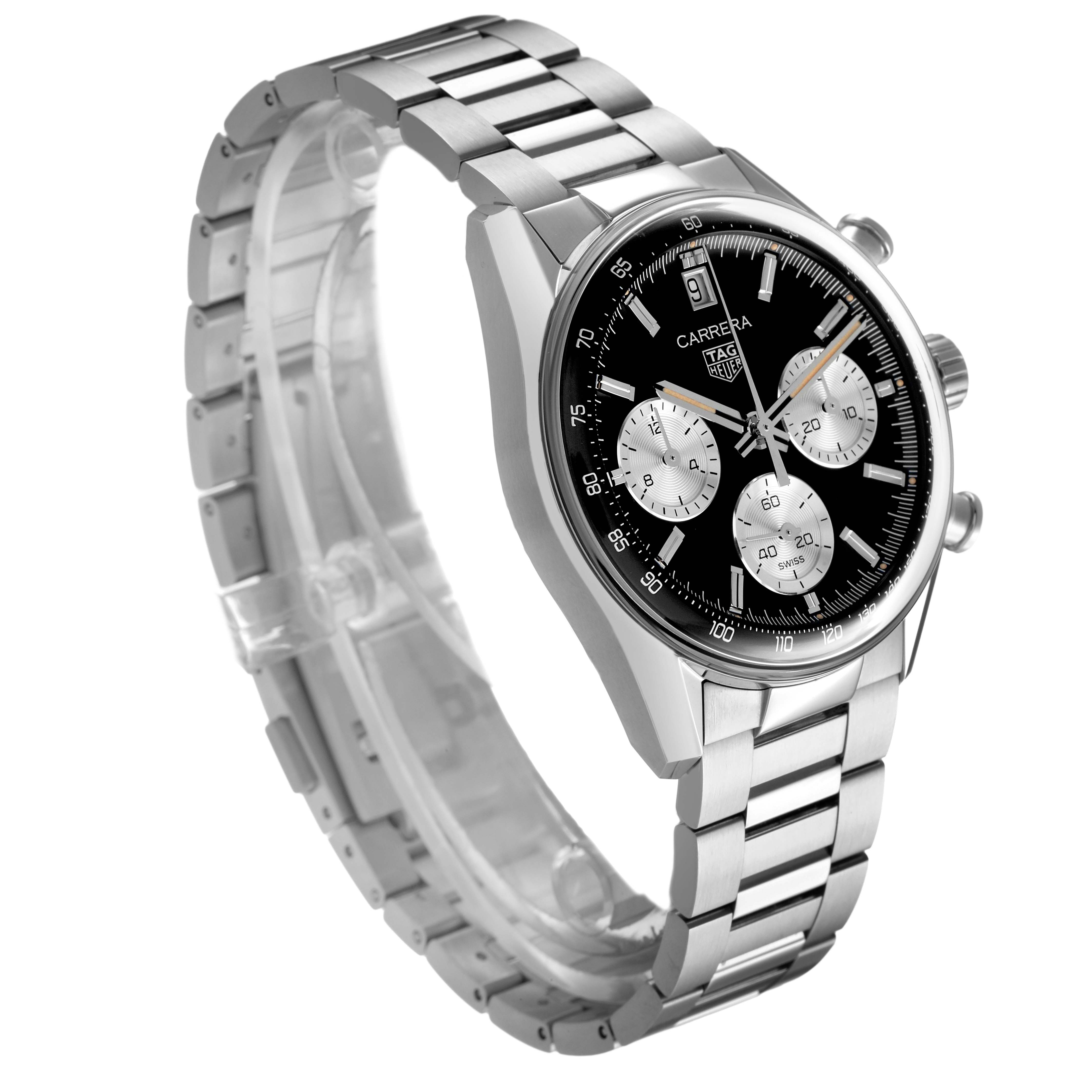 The Tag Heuer Carrera CBS2210.FC6534 Men's Stainless Steel Black Dial watch is shown at a three-quarter angle, displaying the face, bezel, pushers, and metal bracelet.