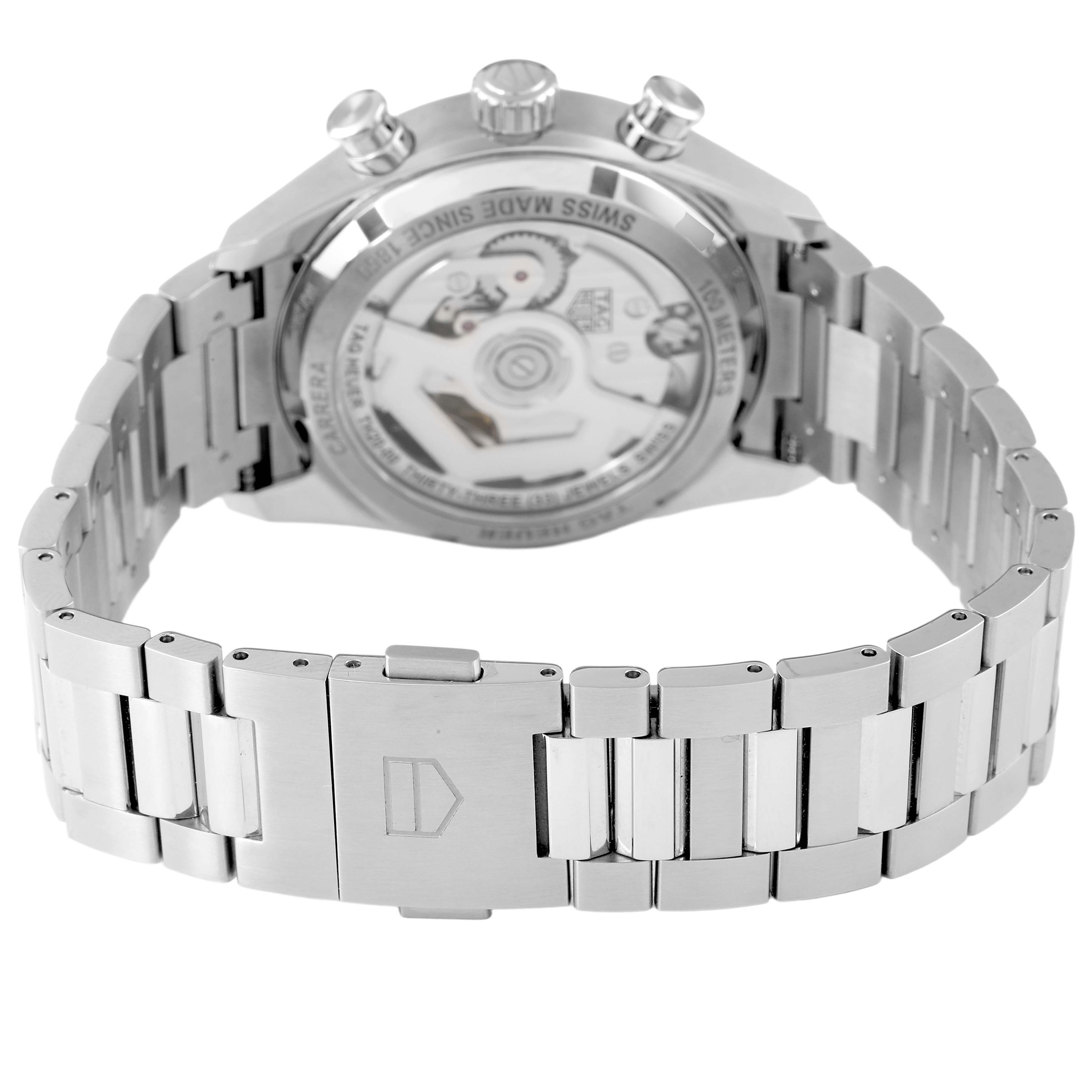 The image shows the backside and bracelet of a Tag Heuer Carrera CBS2210.FC6534 Men's Stainless Steel Black Dial watch, focusing on the clasp and movement through the transparent case back.