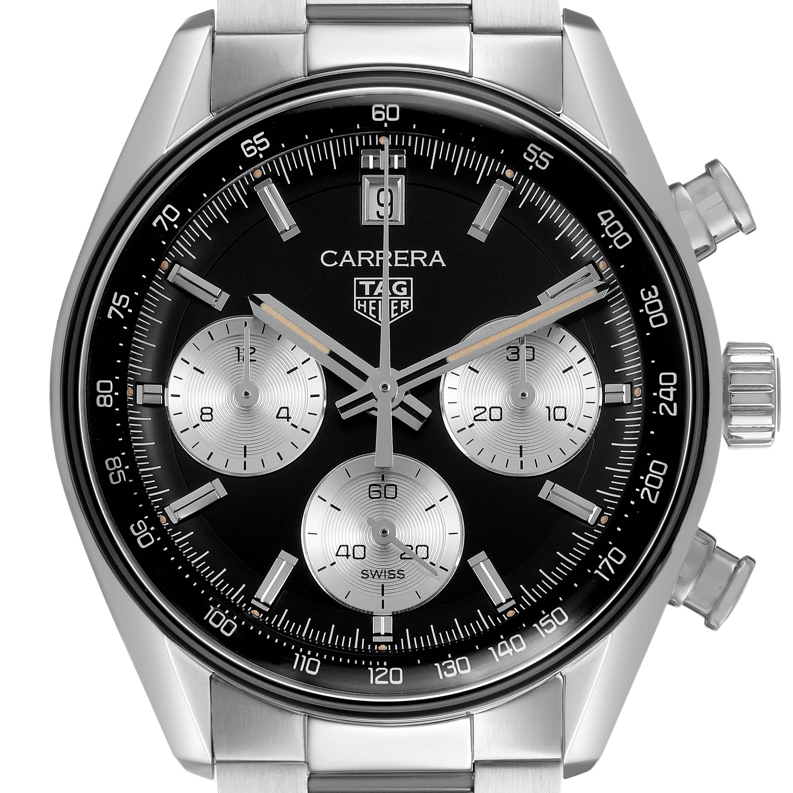 The Tag Heuer Carrera CBS2210.FC6534 Men's Stainless Steel Black Dial watch is shown from the front, highlighting its dial, subdials, and crown.