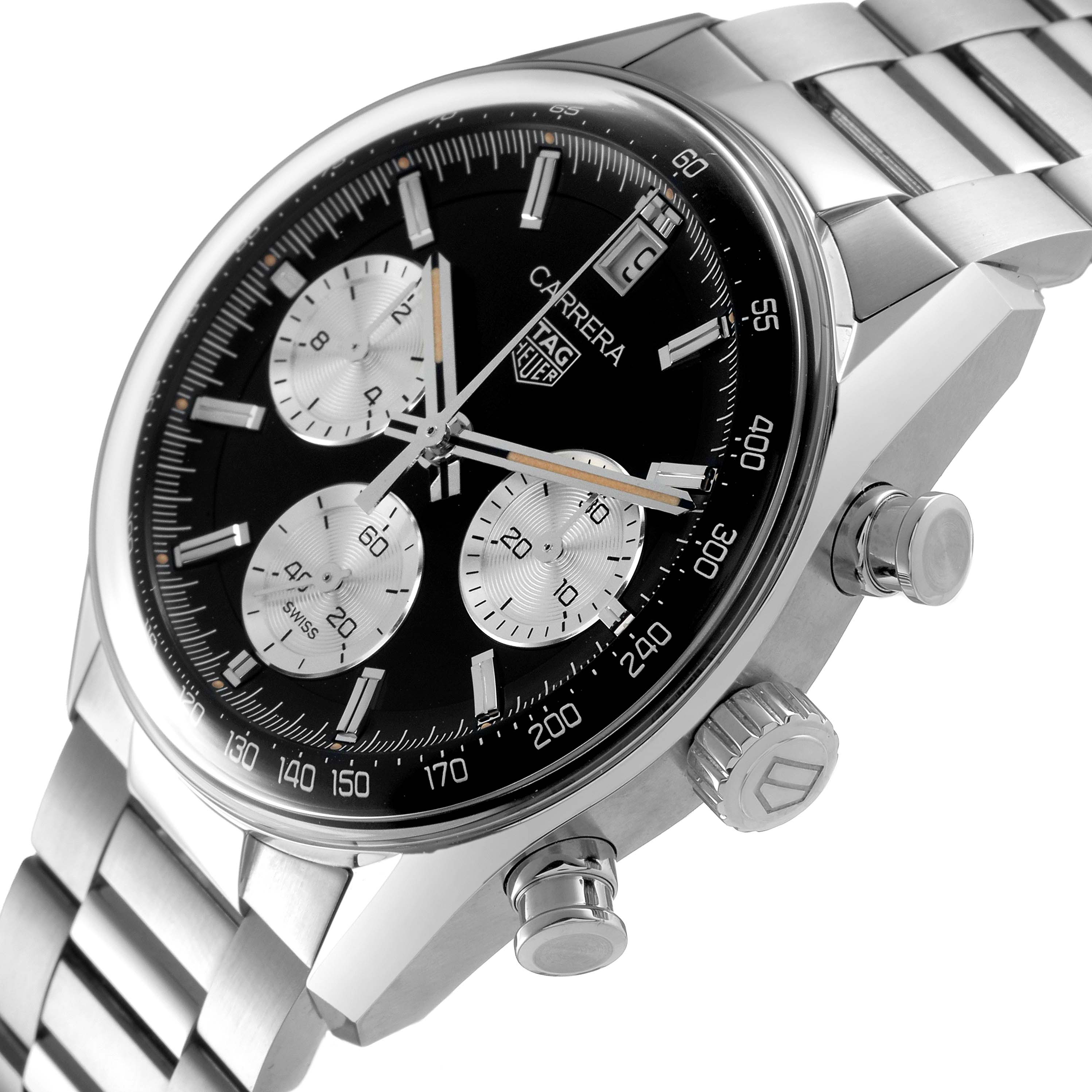 The Tag Heuer Carrera CBS2210.FC6534 Men's Stainless Steel Black Dial watch is shown at a three-quarter angle, highlighting its chronograph dials, bezel, and bracelet.
