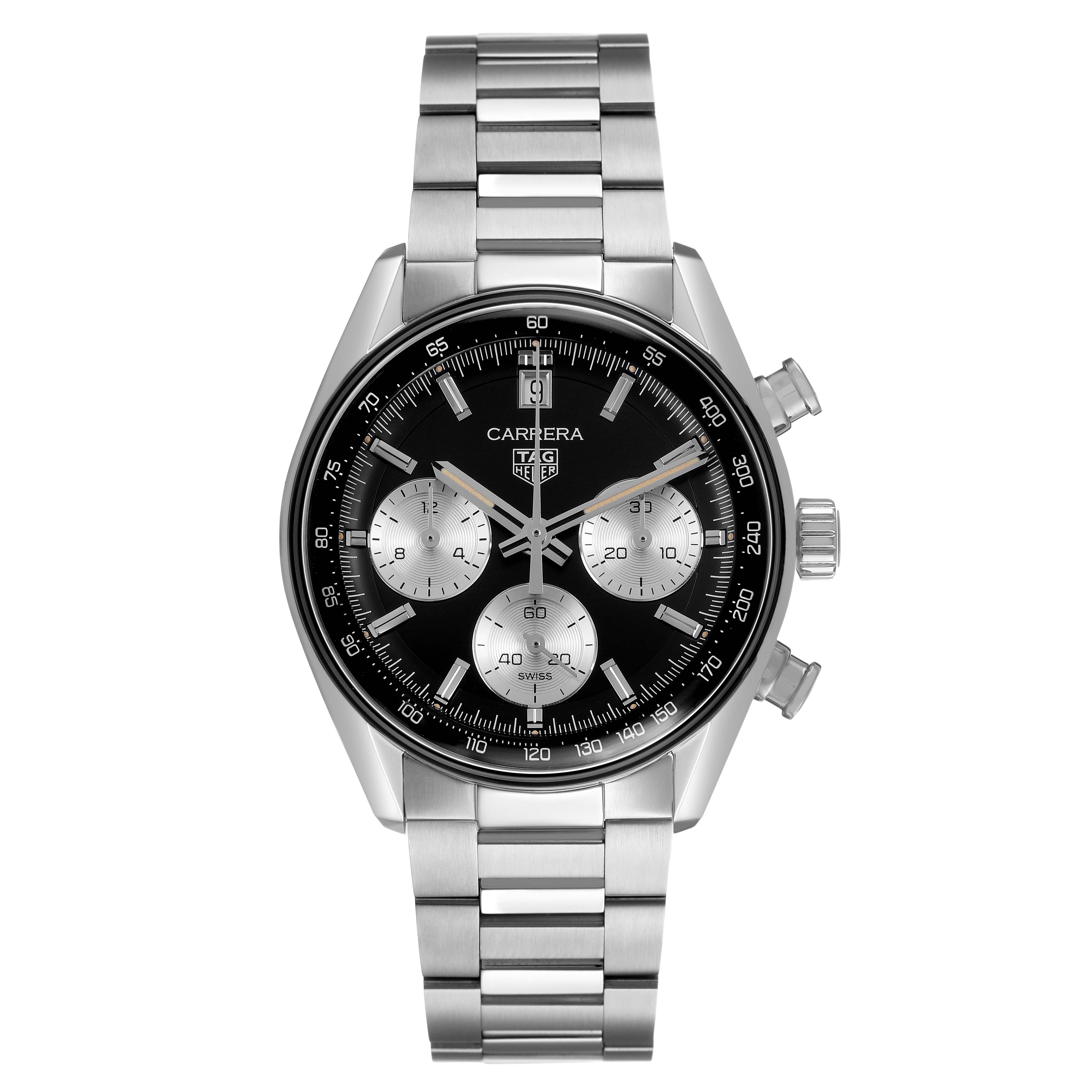 The Tag Heuer Carrera CBS2210.FC6534 Men's Stainless Steel Black Dial watch is shown from a top view, highlighting the face, chronograph subdials, and stainless steel bracelet.