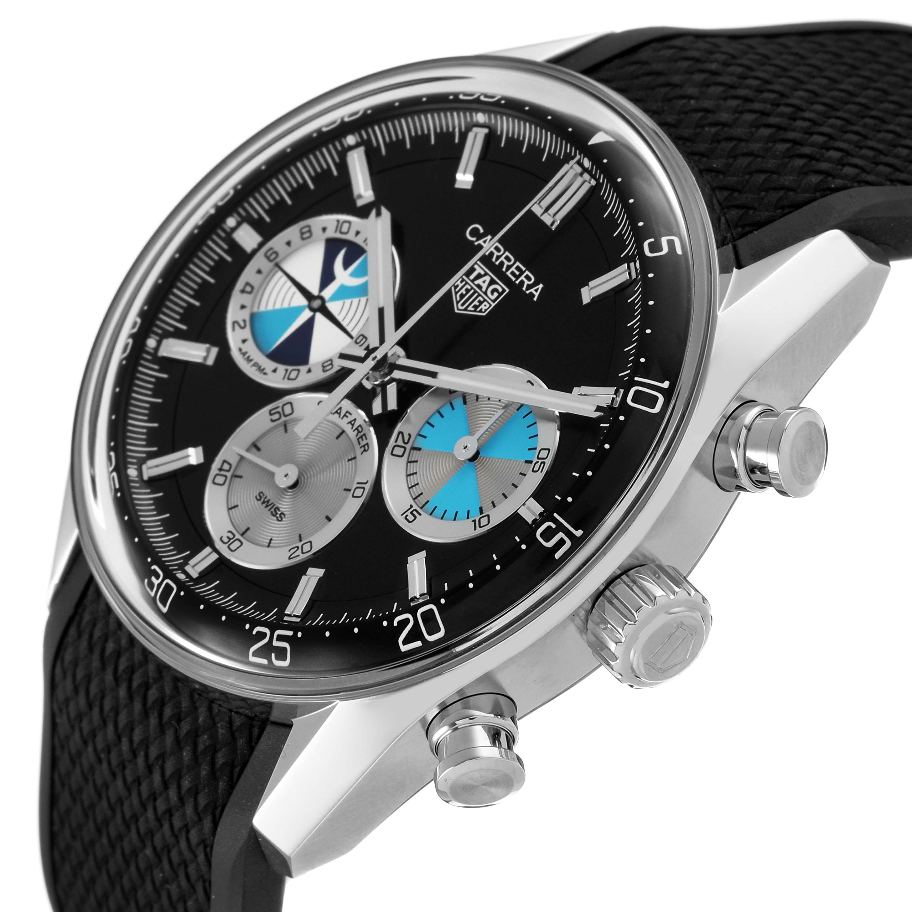 The Tag Heuer Carrera CBS2014.FT6293 Men's Stainless Steel Black Dial watch is shown at a side angle, highlighting the dial, crown, and pushers.