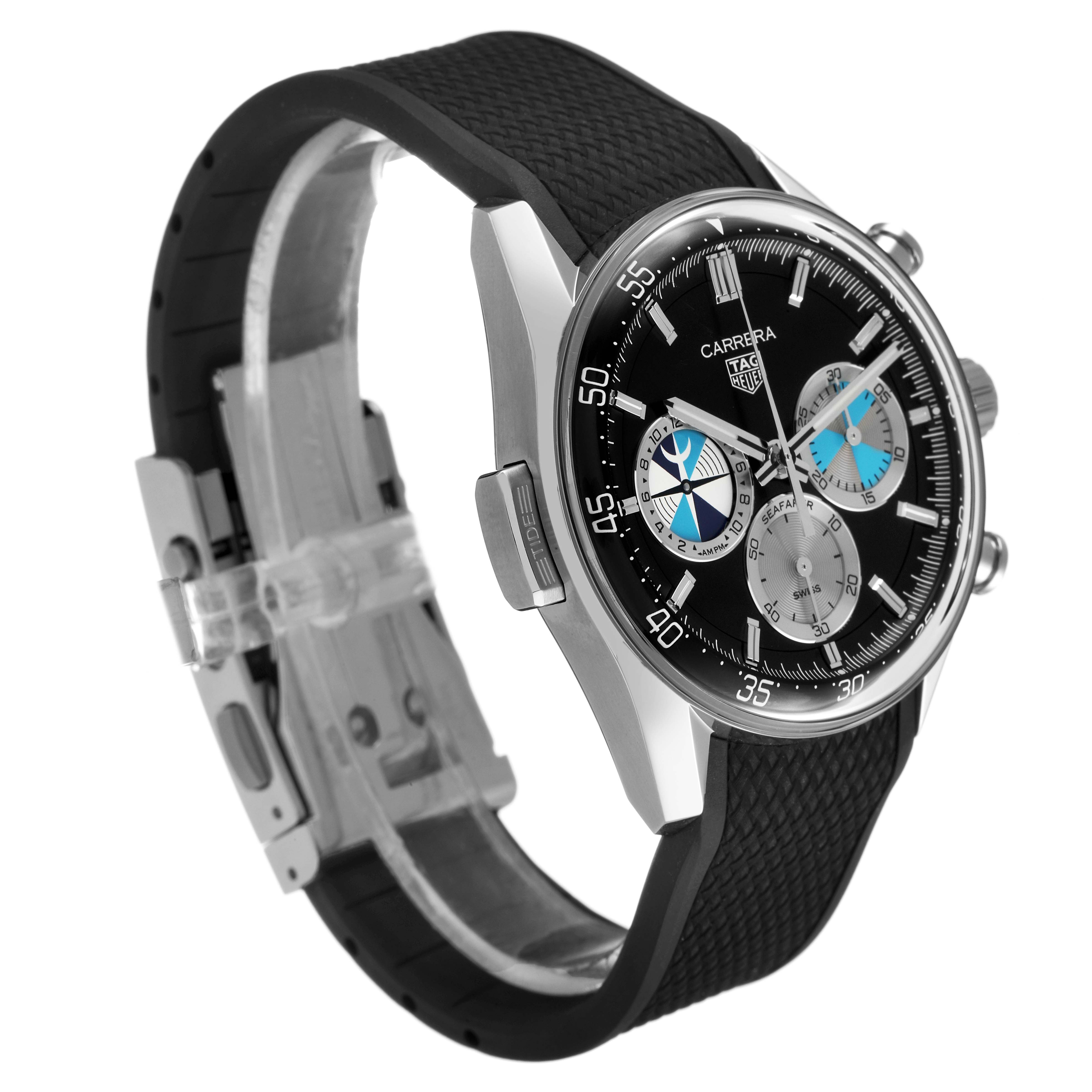 The image shows a Tag Heuer Carrera CBS2014.FT6293 Men's Stainless Steel Black Dial watch from a three-quarter angle, displaying its black dial, subdials, and textured strap.