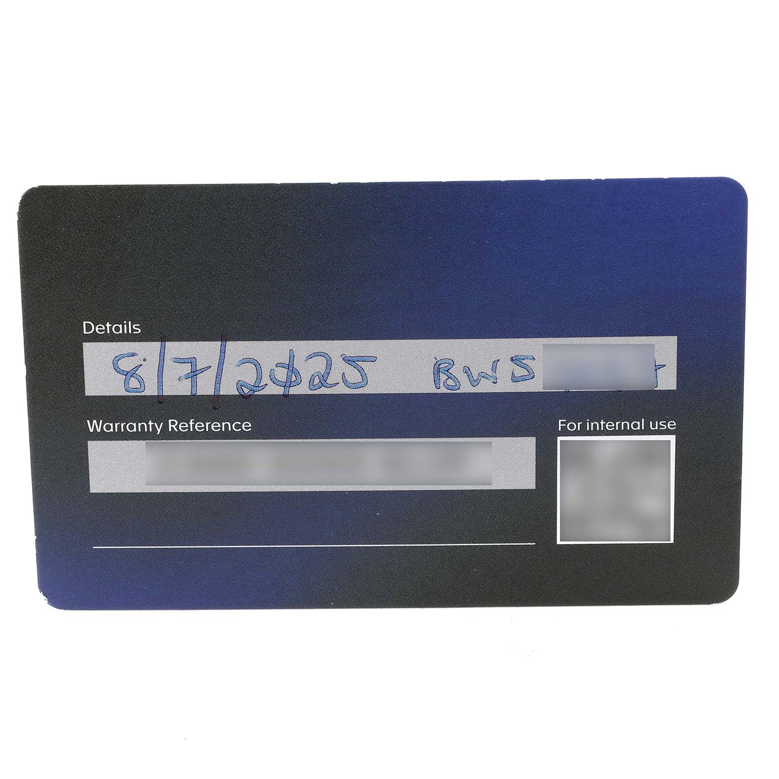 This image shows a warranty card for a Tag Heuer Carrera CBS2014.FT6293 Men's Stainless Steel Black Dial watch, featuring spaces for details and references.