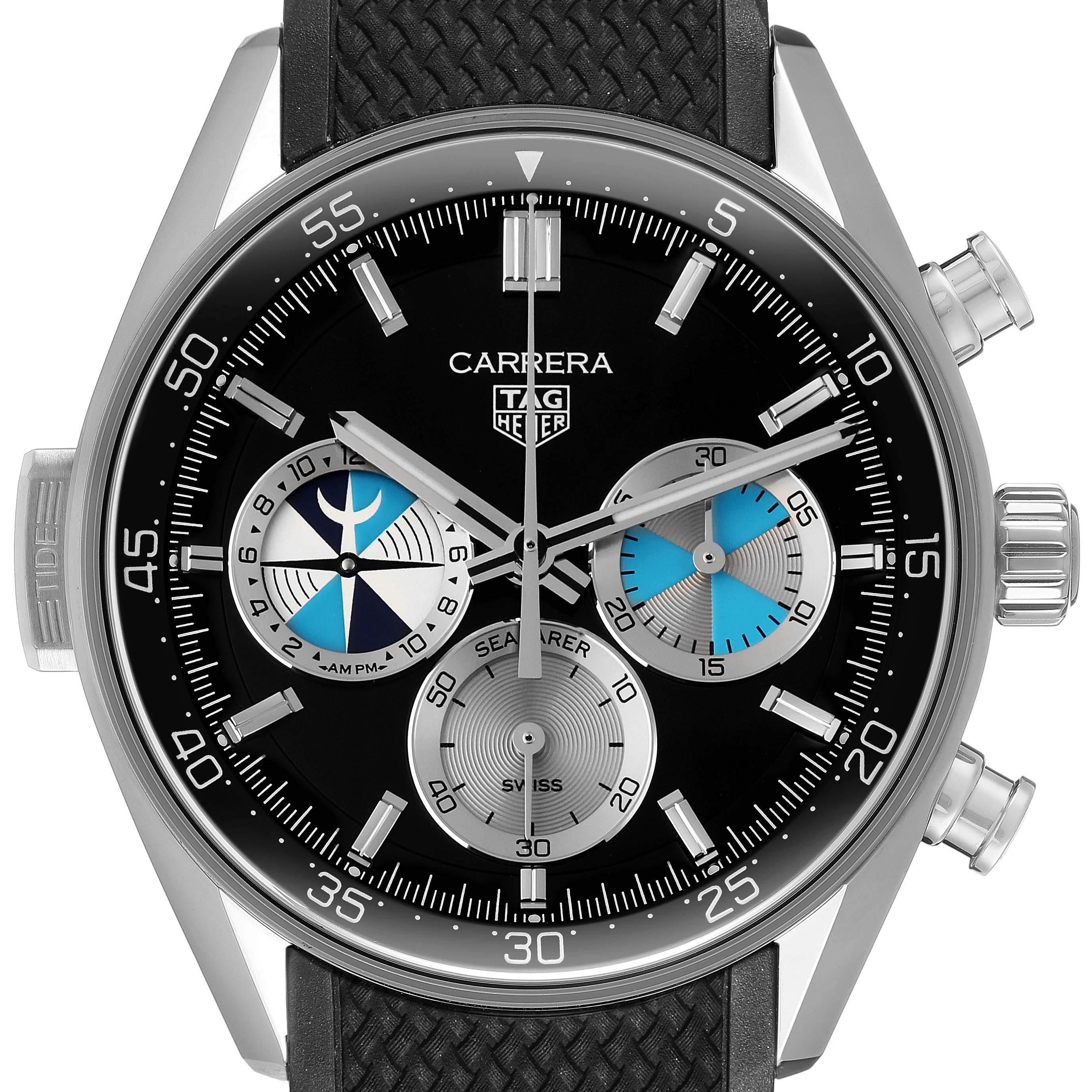 The Tag Heuer Carrera CBS2014.FT6293 Men's Stainless Steel Black Dial watch is shown from the front, displaying the dial, subdials, bezel, and crown.