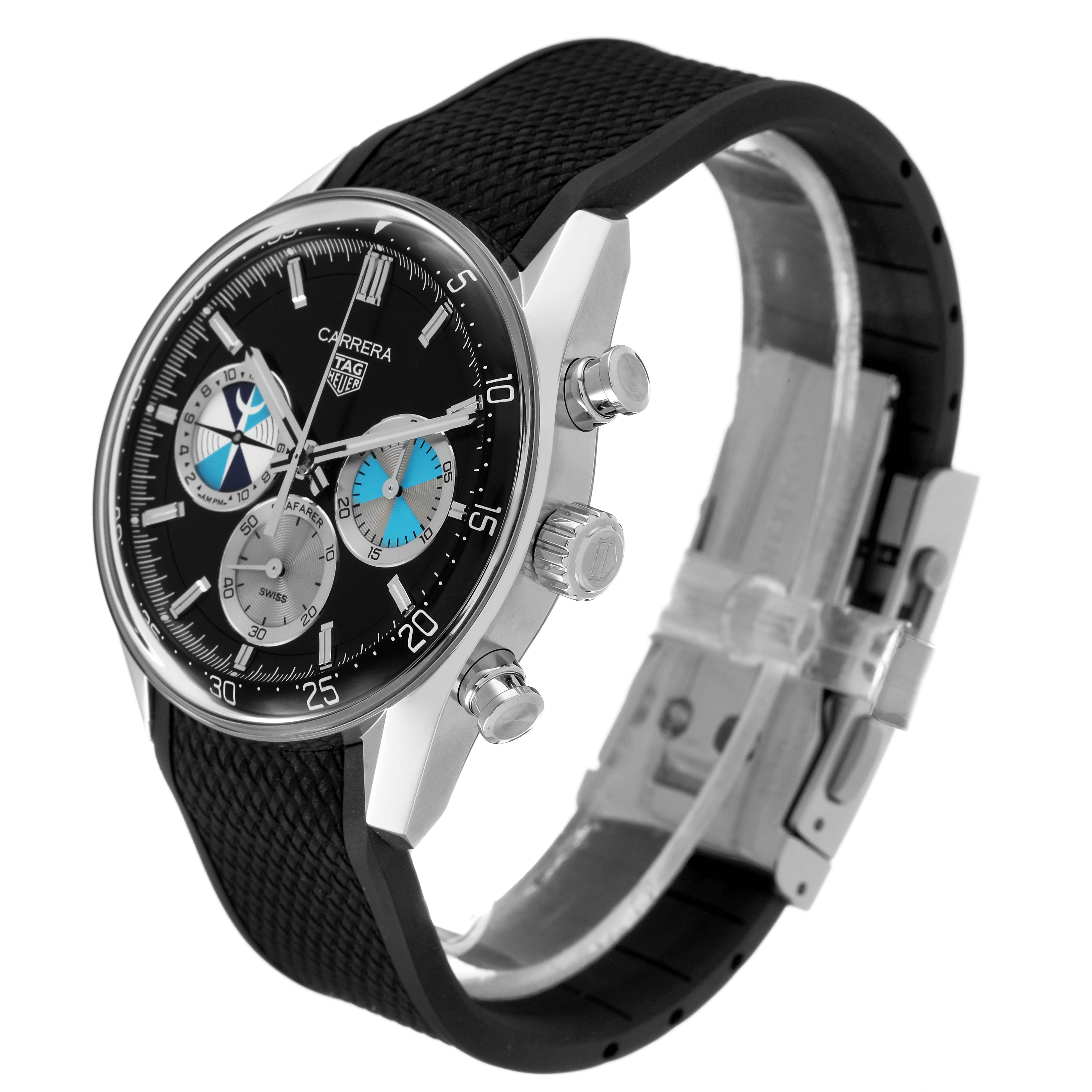 The Tag Heuer Carrera CBS2014.FT6293 Men's Stainless Steel Black Dial watch is shown at a three-quarter angle, displaying the face, chronograph dials, and rubber strap.