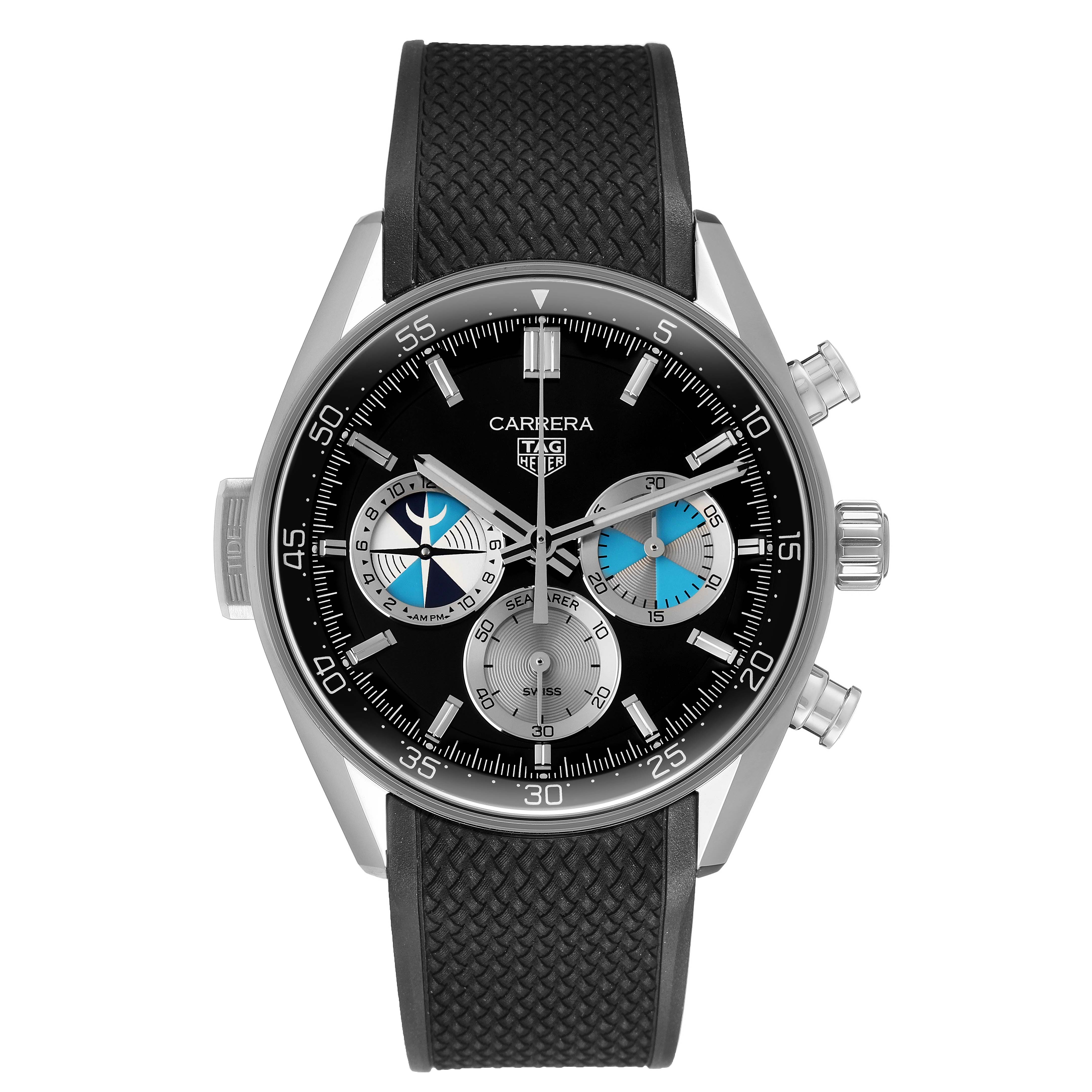 The Tag Heuer Carrera CBS2014.FT6293 Men's Stainless Steel Black Dial watch is shown from a front angle, displaying the dial, bezel, and buttons, with a textured black strap.