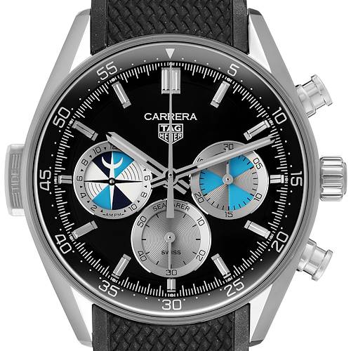 The Tag Heuer Carrera CBS2014.FT6293 Men's Stainless Steel Black Dial watch is shown from a front angle, highlighting its face, subdials, and crown.