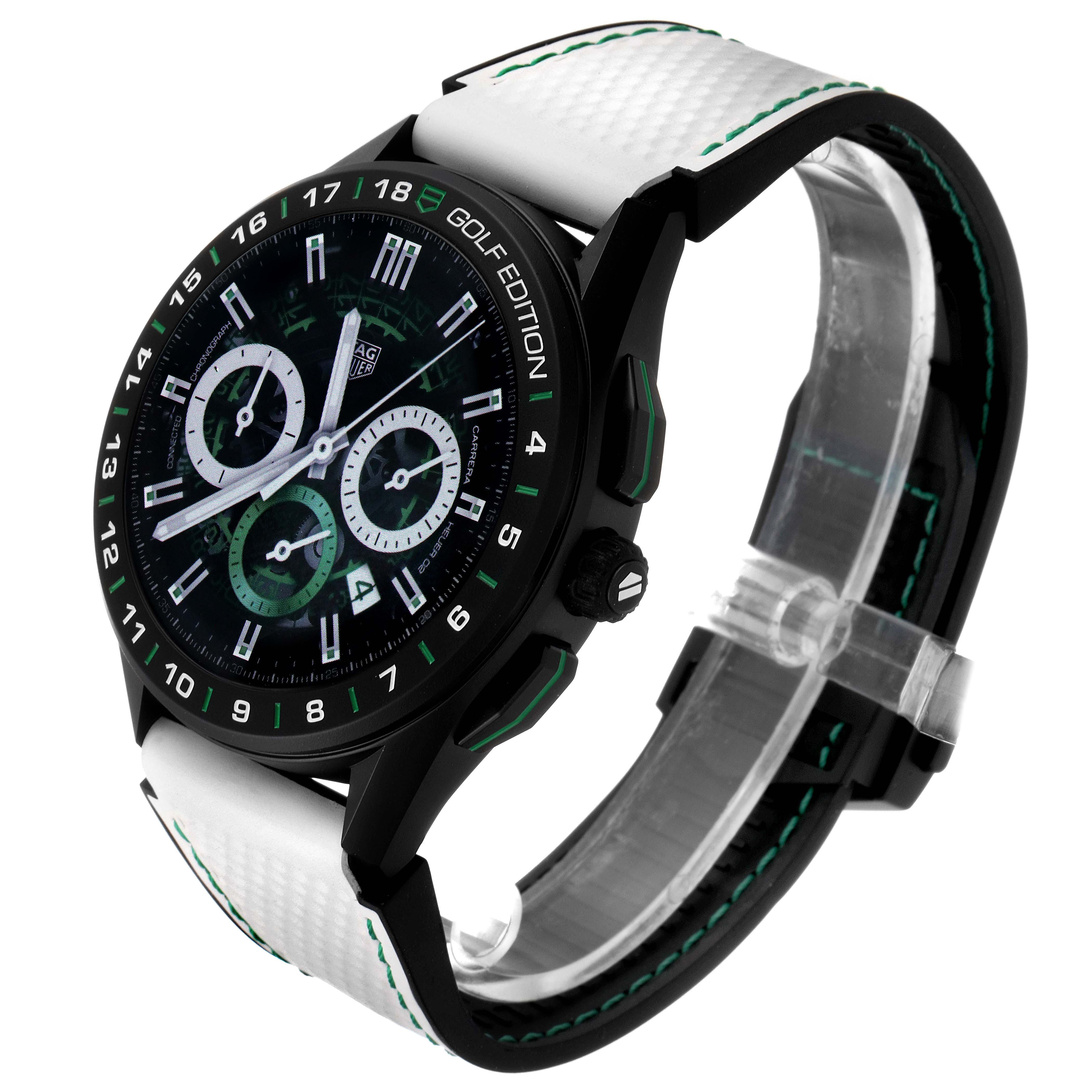 The Tag Heuer Connected SBG8A82.EB0206 Men's Titanium  SBG8A82.EB0206 Men's Titanium  watch is shown at a three-quarter angle, highlighting the face, buttons, and band.