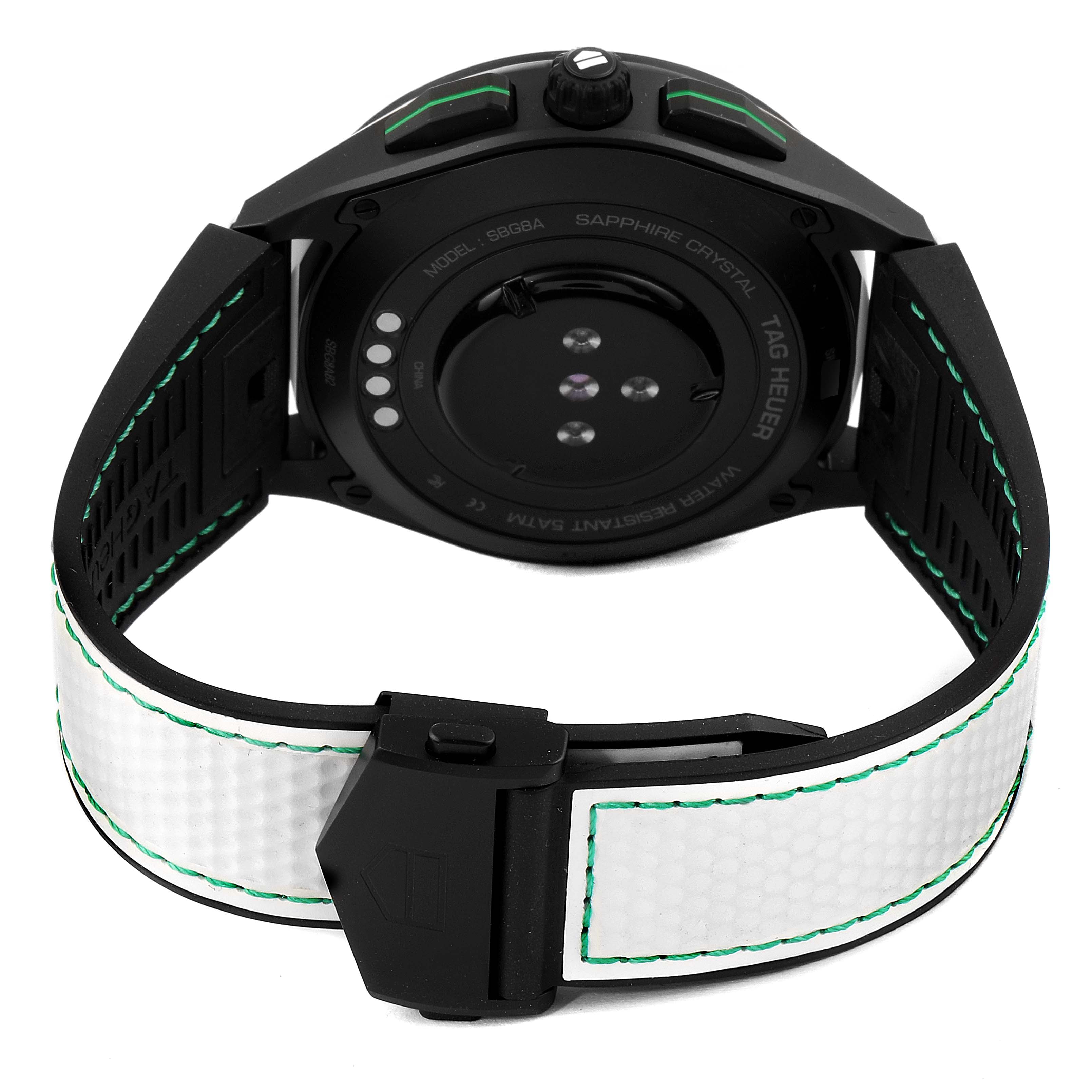 This image shows the back view of the Tag Heuer Connected SBG8A82.EB0206 Men's Titanium  SBG8A82.EB0206 Men's Titanium  model, displaying its sensors, strap, and clasp.