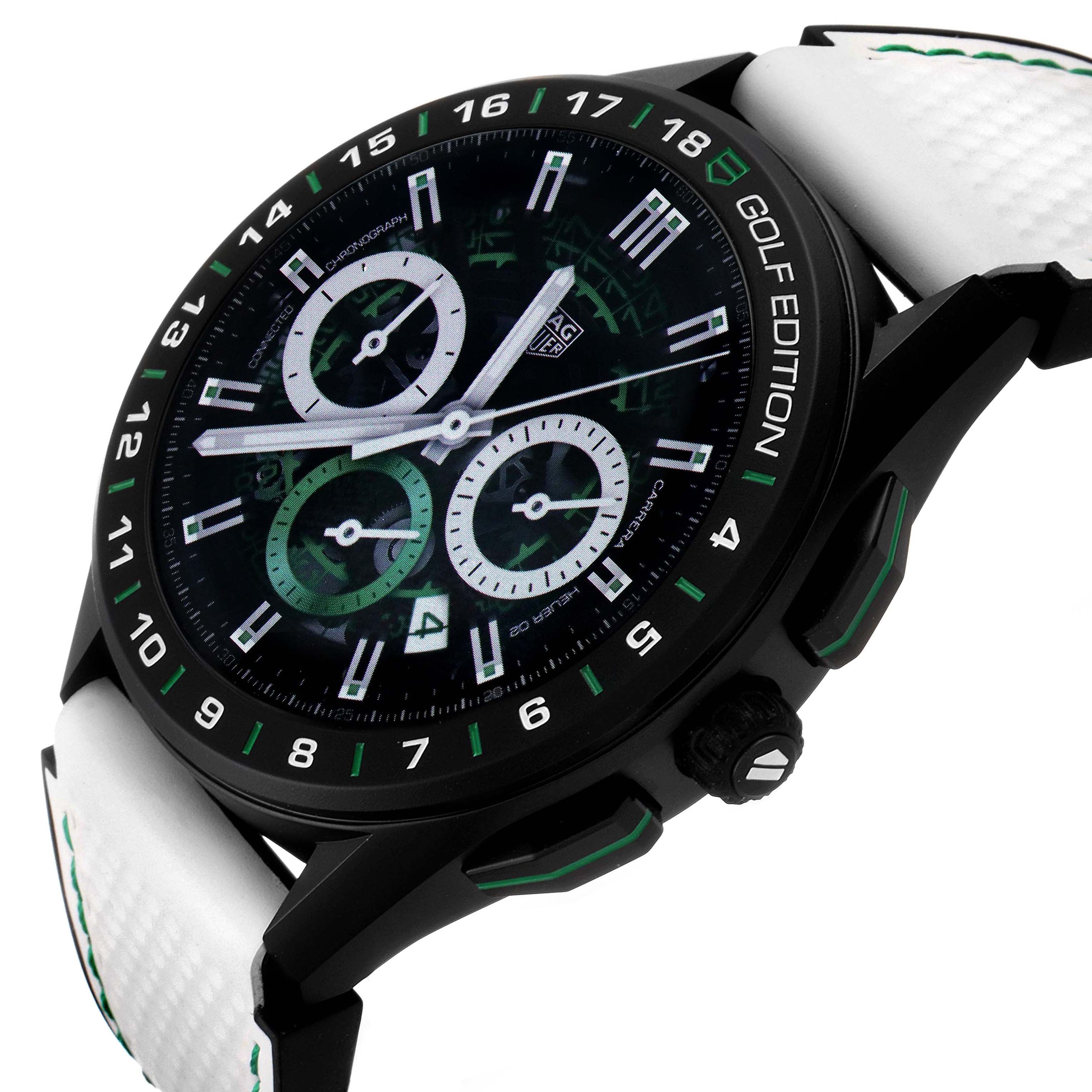 The image shows a Tag Heuer Connected SBG8A82.EB0206 Men's Titanium  SBG8A82.EB0206 Men's Titanium  Golf Edition watch from a side angle, highlighting the dial and part of the strap.