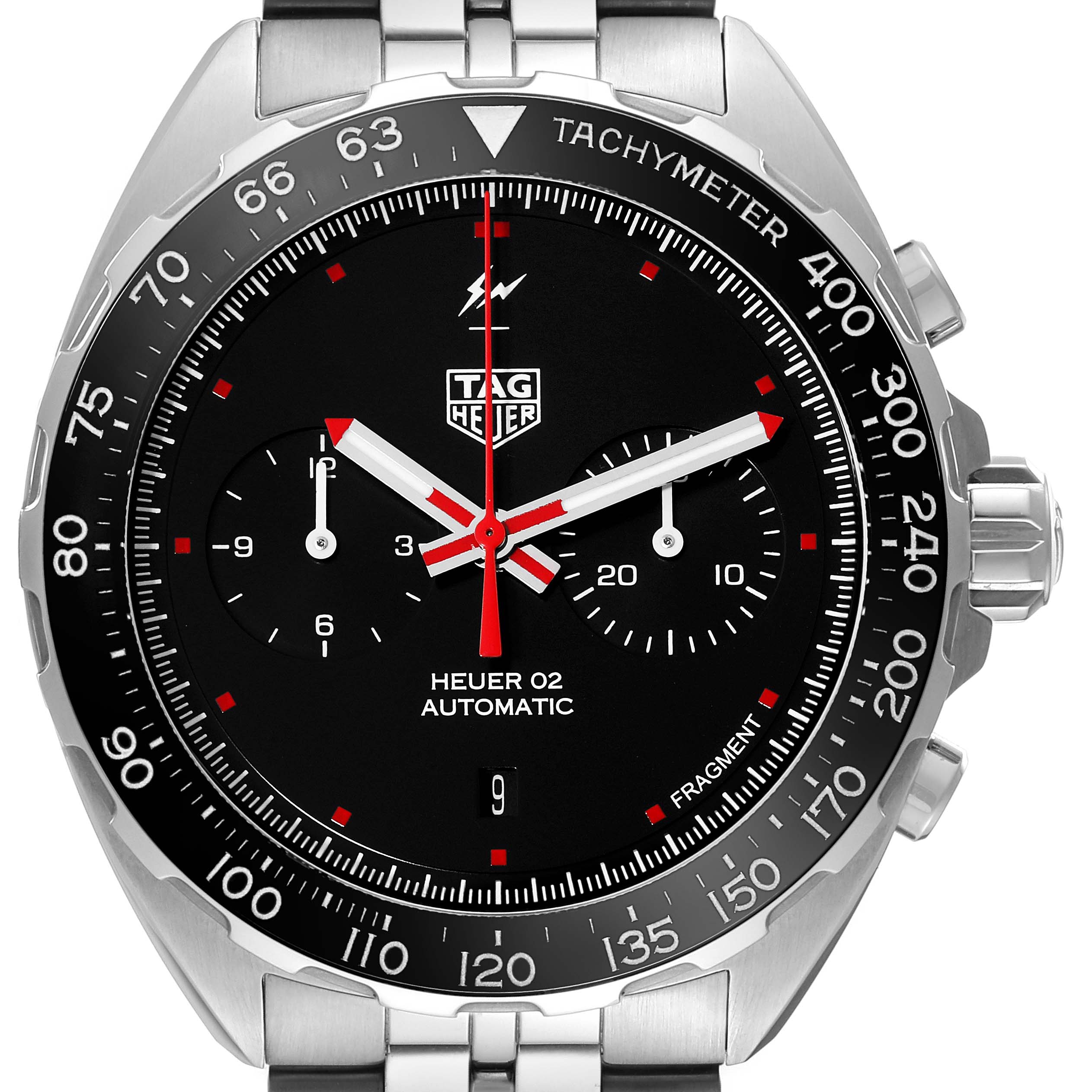 This image shows a front view of the Tag Heuer Limited Edition CAZ201A Men's Stainless Steel Black Dial CAZ201A Men's Stainless Steel Black Dial Heuer 02 Automatic watch, focusing on its dial, bezel, and part of the bracelet.