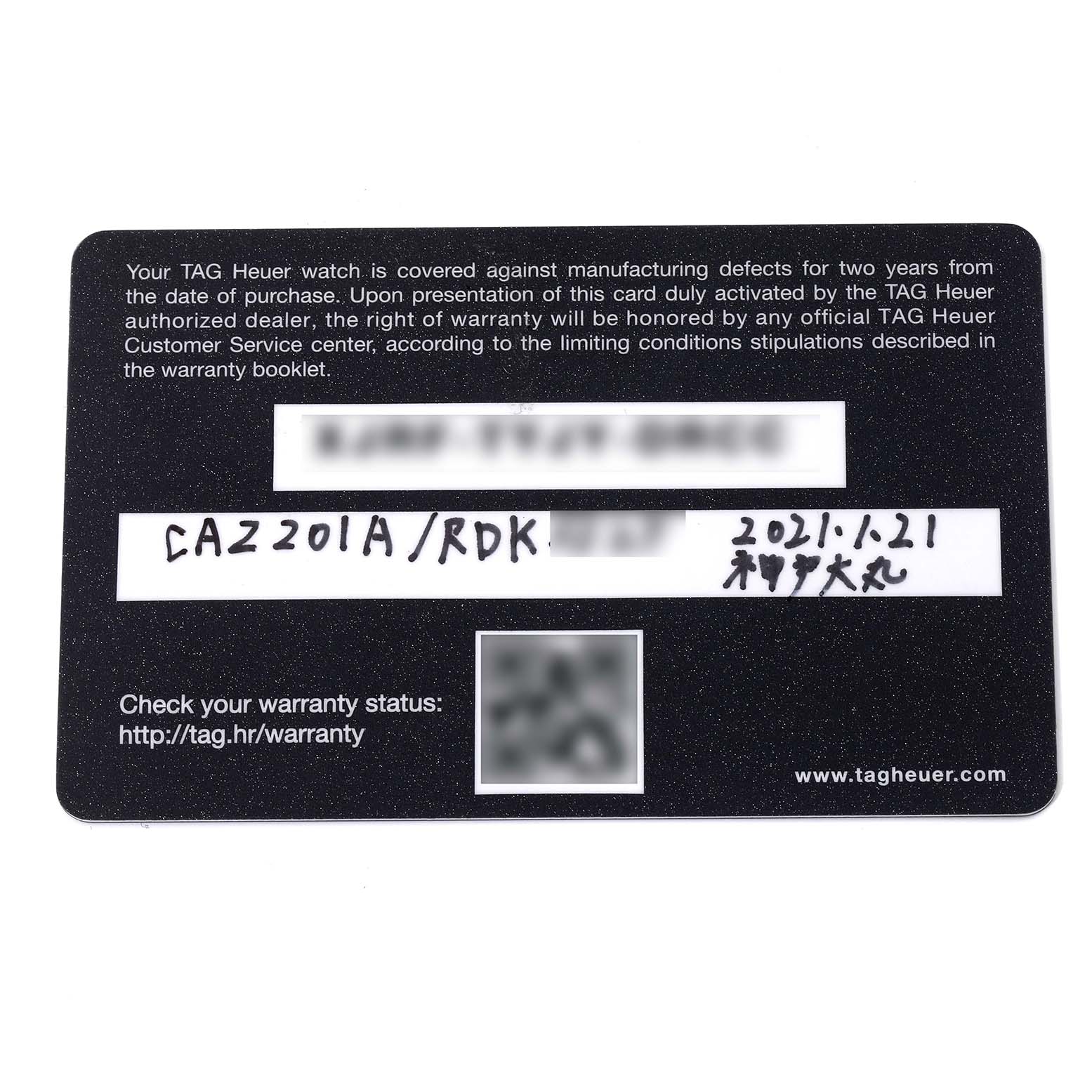 This image shows the warranty card for a Tag Heuer Formula 1 model wristwatch, model number CAZ201A/RDK.