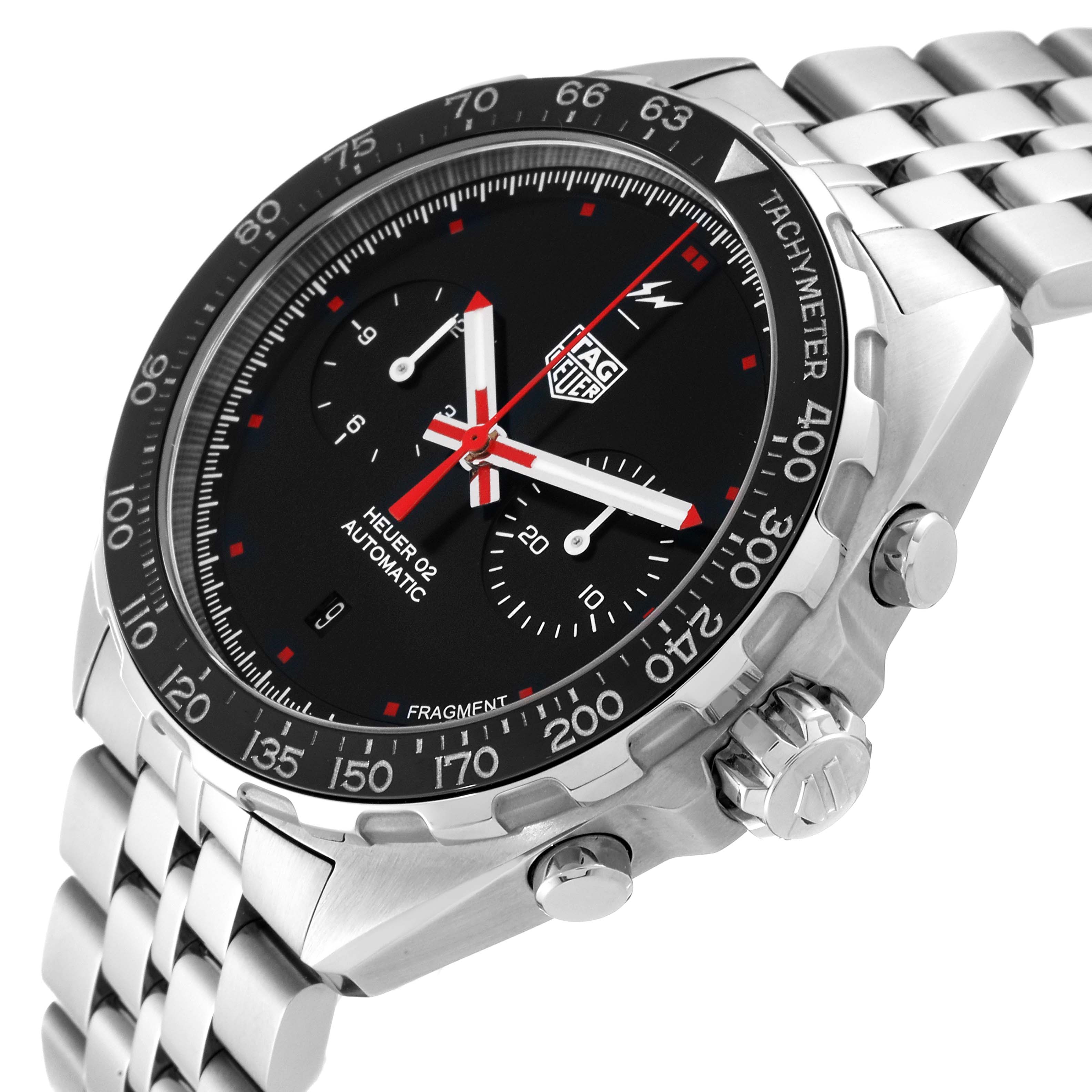 The watch shown is a Tag Heuer Formula 1 model, viewed from a front-right angle, highlighting the dial and stainless steel bracelet.