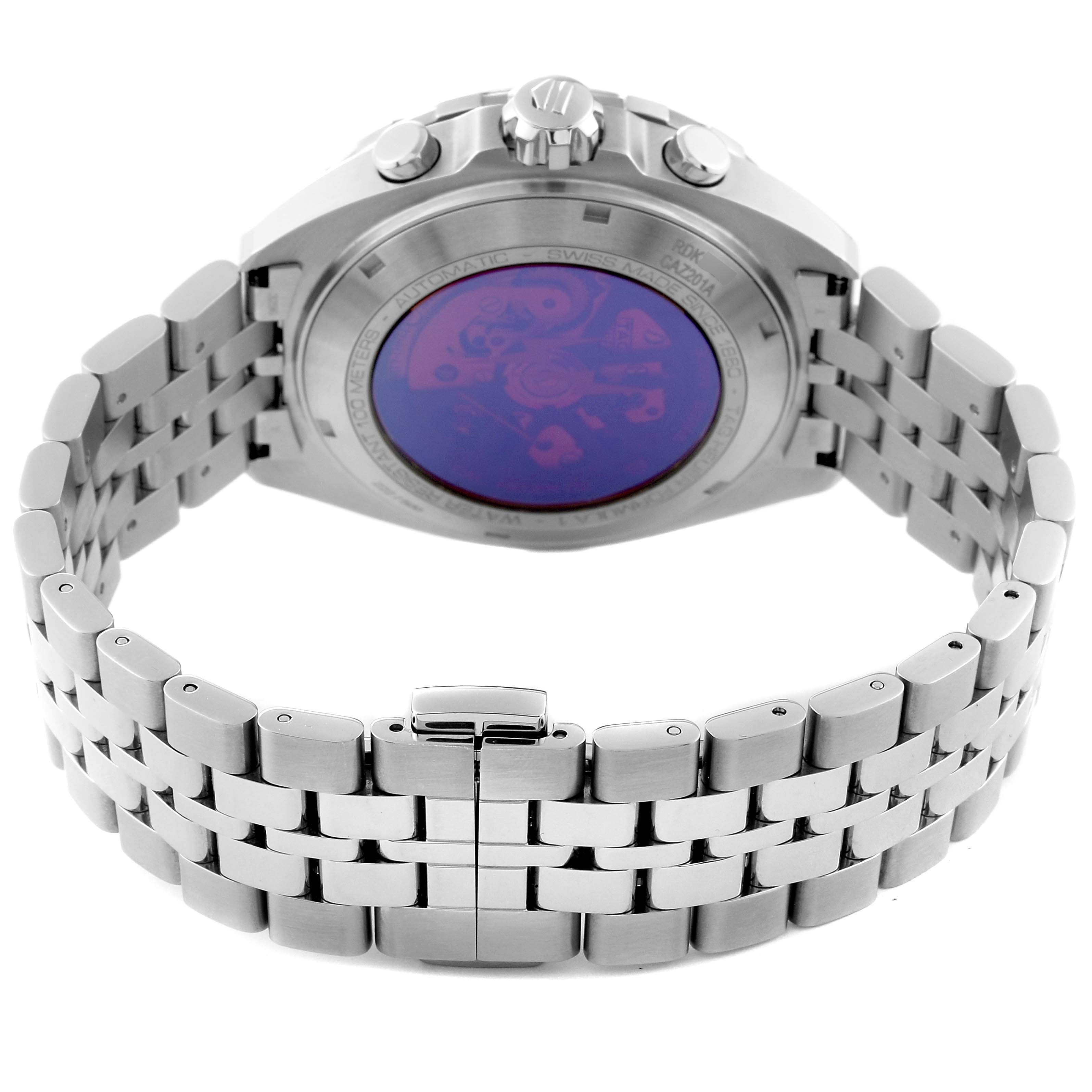 The image shows the back and bracelet of a Tag Heuer Formula 1 watch, highlighting the clasp and case back.