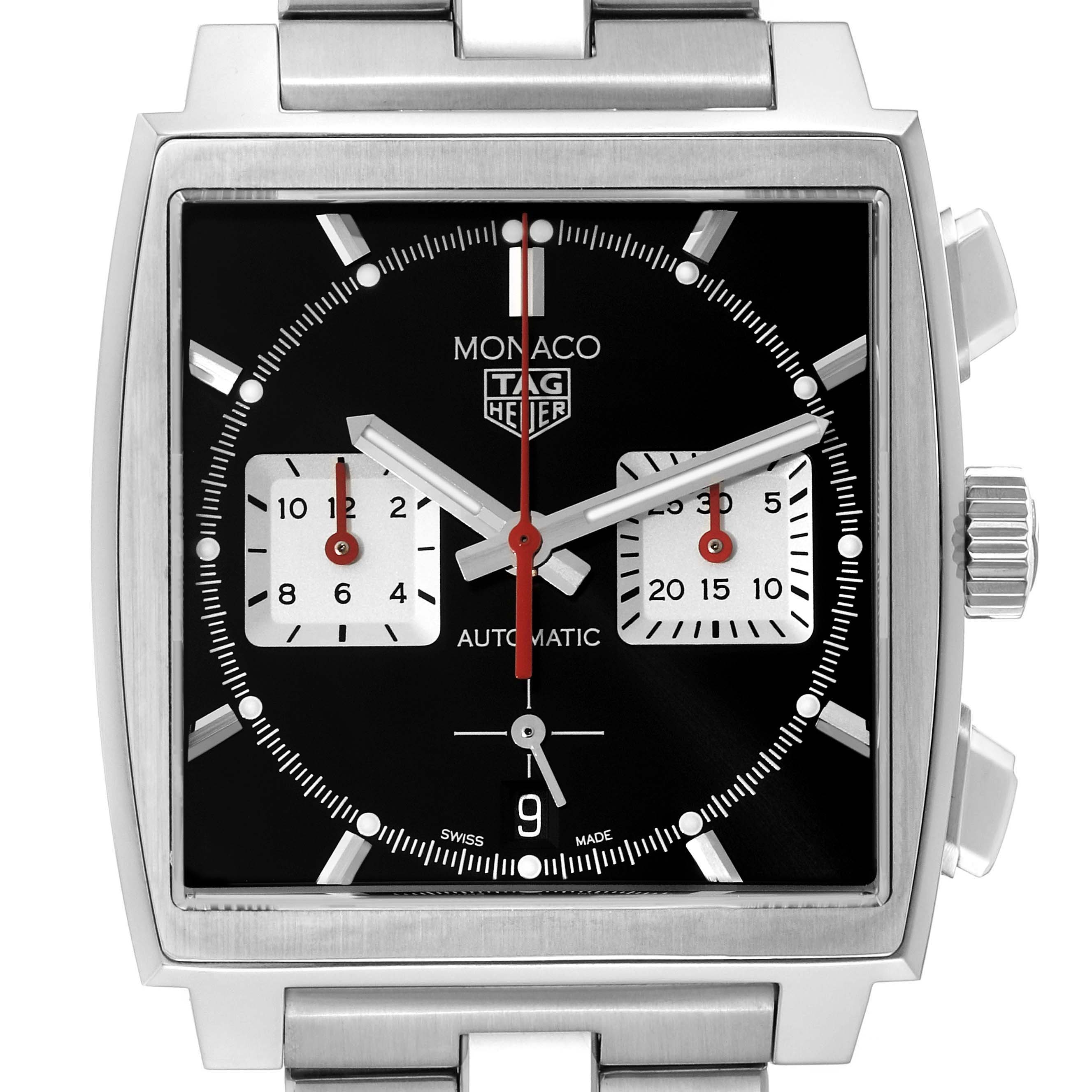This image shows the front view of a Tag Heuer Monaco CBL2113.BA0644 Men's Stainless Steel Black Dial CBL2113.BA0644 Men's Stainless Steel Black Dial model watch including its black dial, subdials, date window, and part of the bracelet.