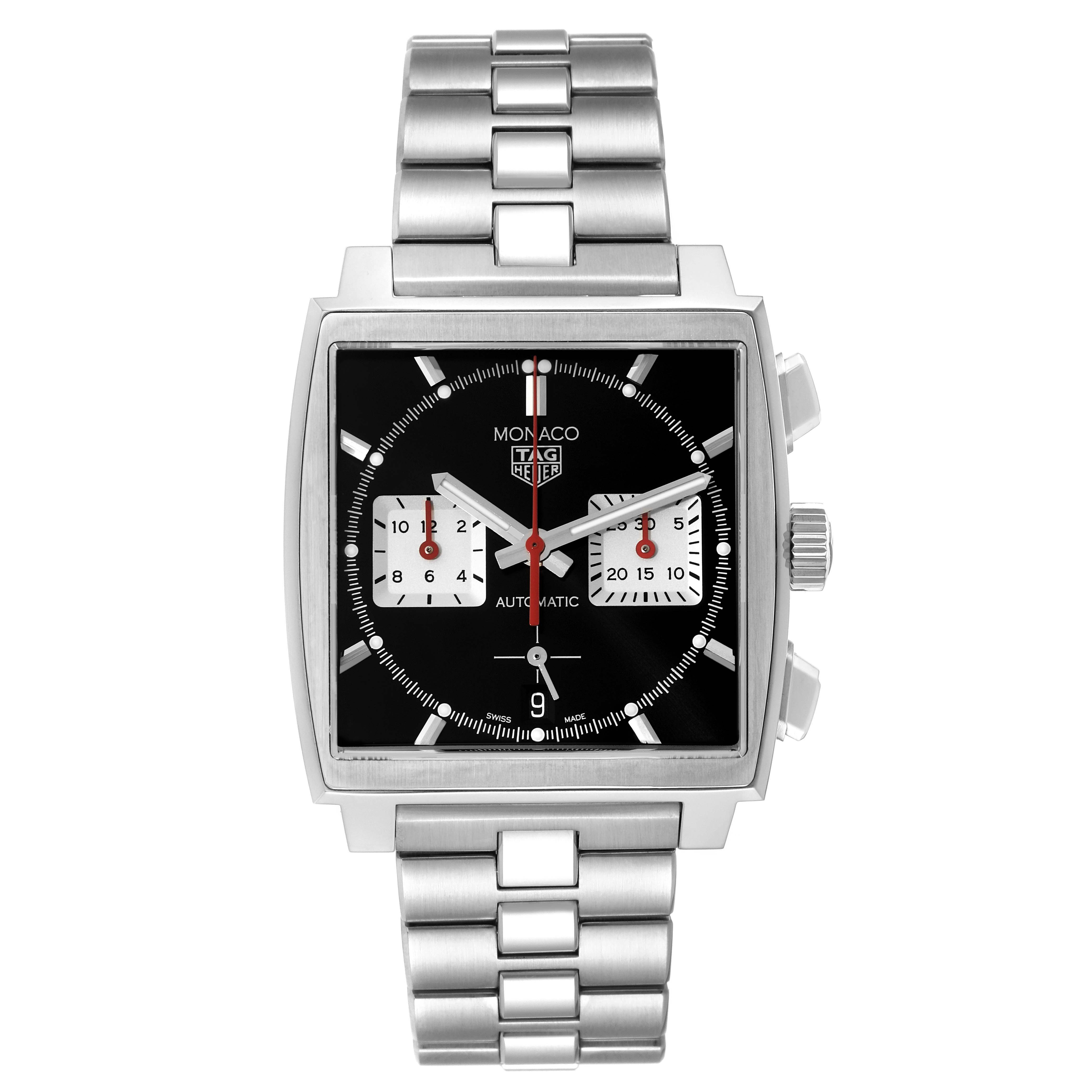 The image shows a front view of the Tag Heuer Monaco CBL2113.BA0644 Men's Stainless Steel Black Dial CBL2113.BA0644 Men's Stainless Steel Black Dial watch, highlighting its dial, case, and bracelet.