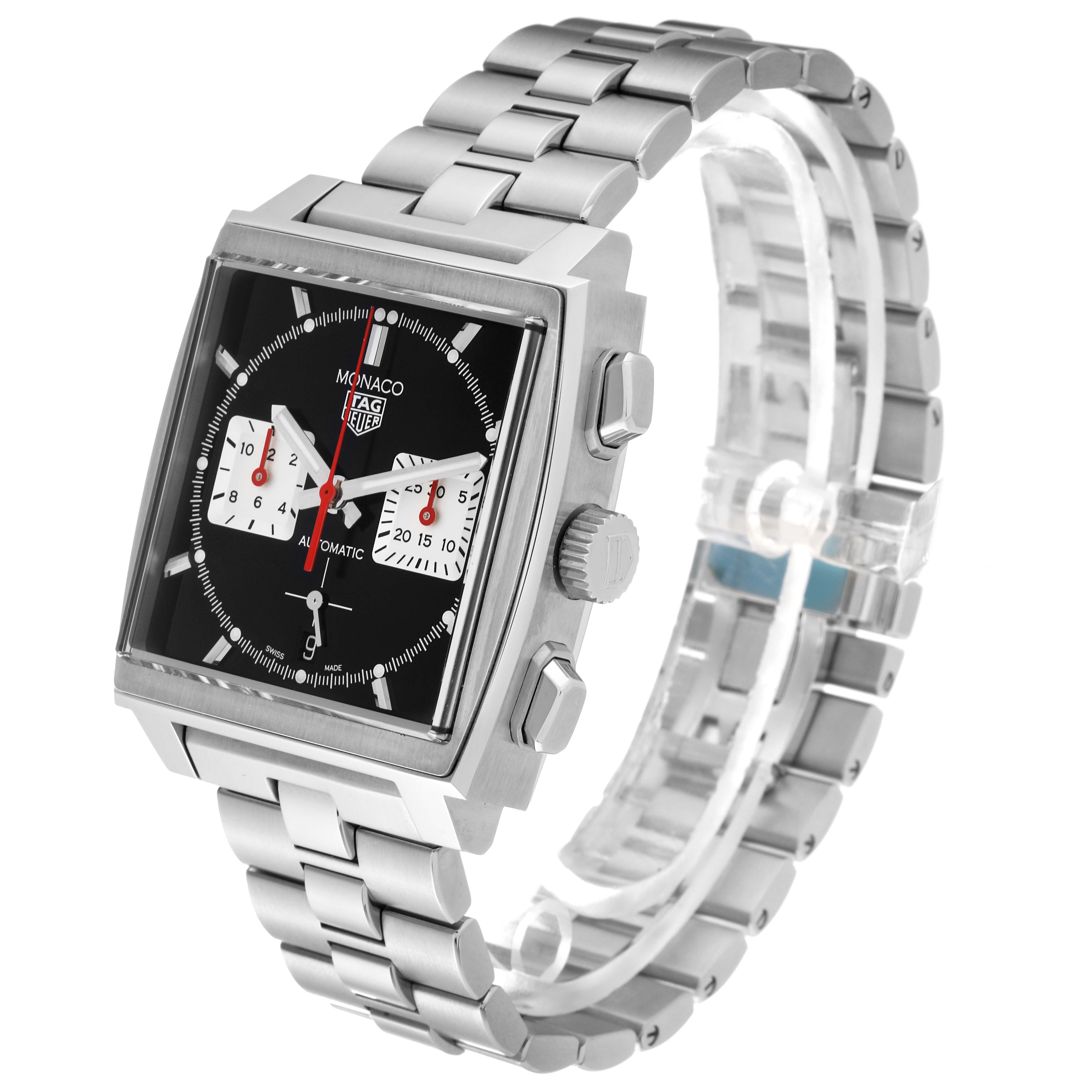 The Tag Heuer Monaco CBL2113.BA0644 Men's Stainless Steel Black Dial CBL2113.BA0644 Men's Stainless Steel Black Dial watch is shown from a front three-quarter angle, highlighting its square dial, chronograph subdials, and stainless steel bracelet.