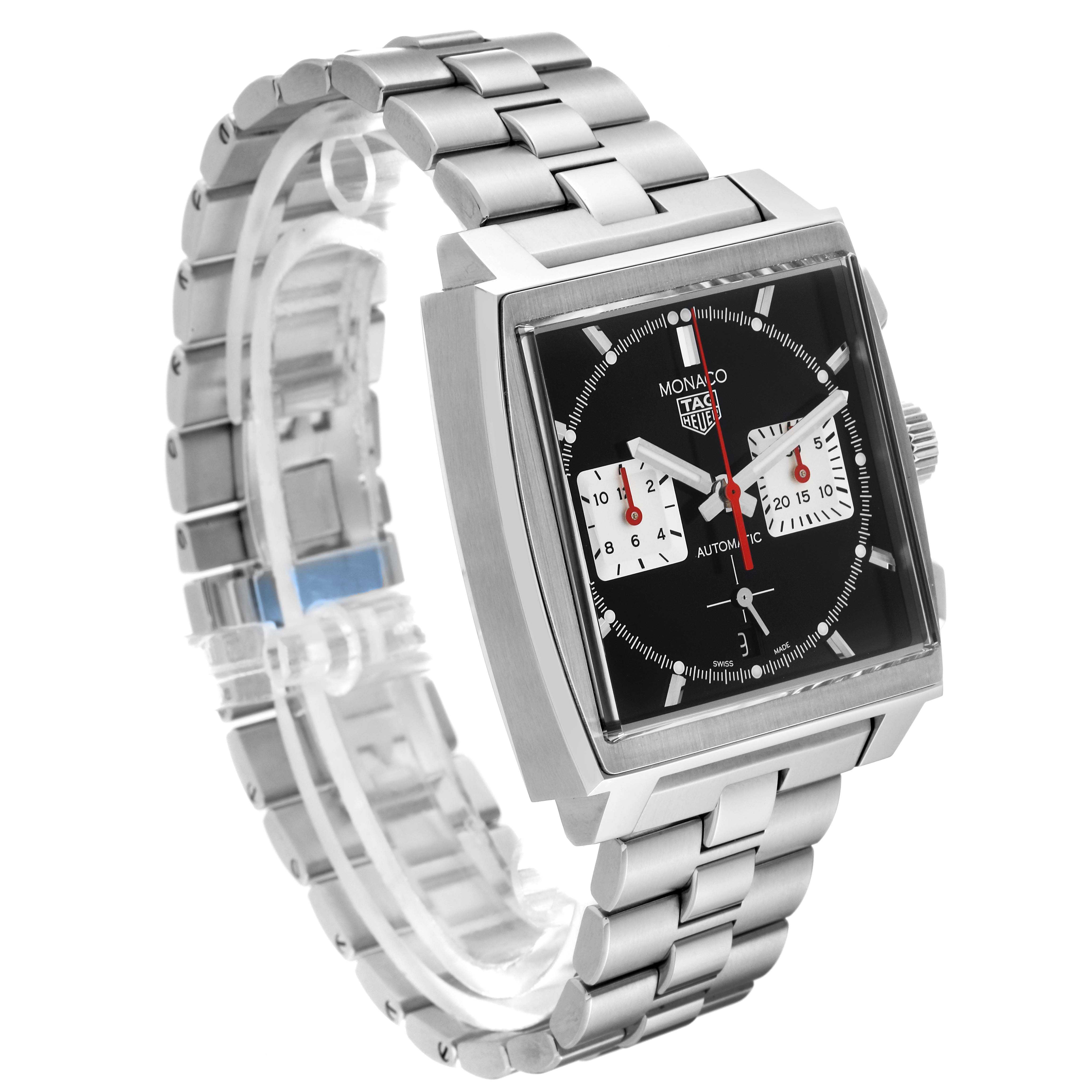 The image displays a Tag Heuer Monaco CBL2113.BA0644 Men's Stainless Steel Black Dial CBL2113.BA0644 Men's Stainless Steel Black Dial watch, showing the front face and part of the metal bracelet from a slight side angle.