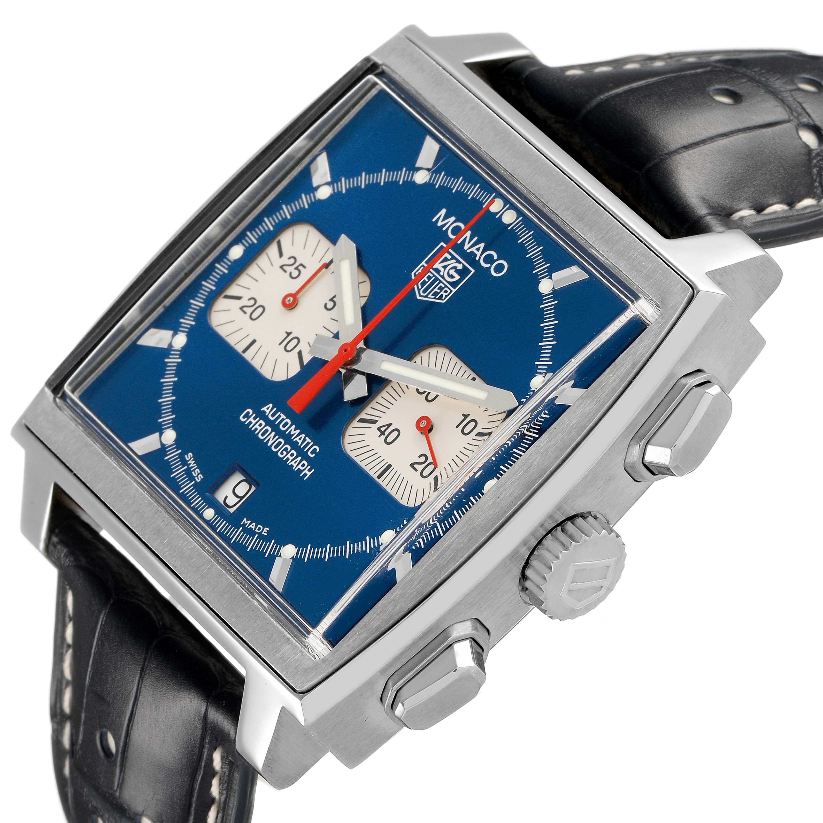 The Tag Heuer Monaco CW2113 Men's Stainless Steel Blue Dial watch is shown at an angled side view, highlighting its crown, pushers, and blue dial with subdials.
