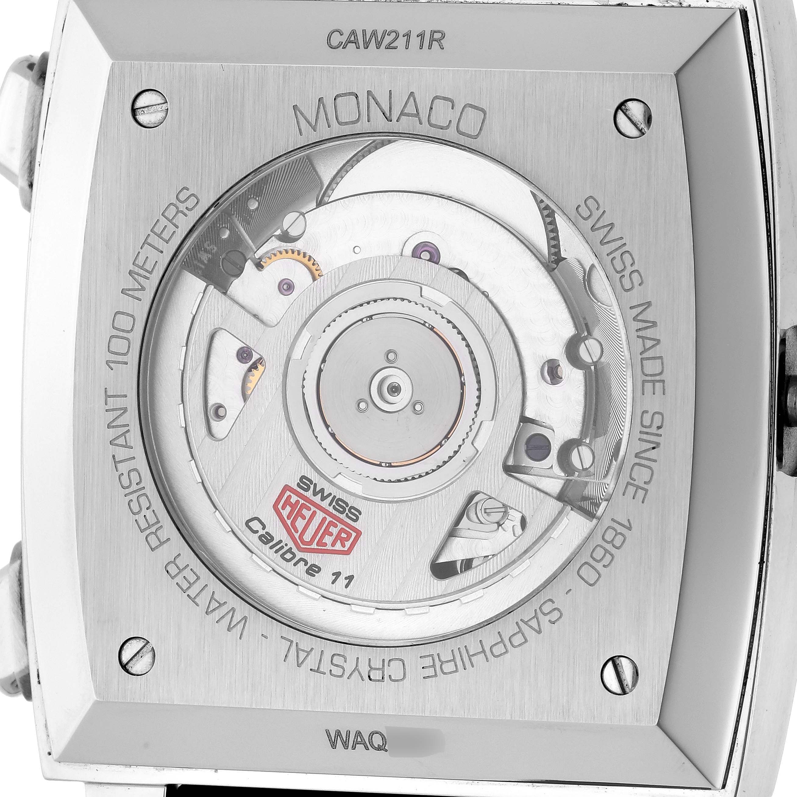 This image shows the back case of a Tag Heuer Monaco CAW211R.FC6401 Men's Stainless Steel Blue Dial CAW211R.FC6401 Men's Stainless Steel Blue Dial watch, highlighting the movement mechanism inside.