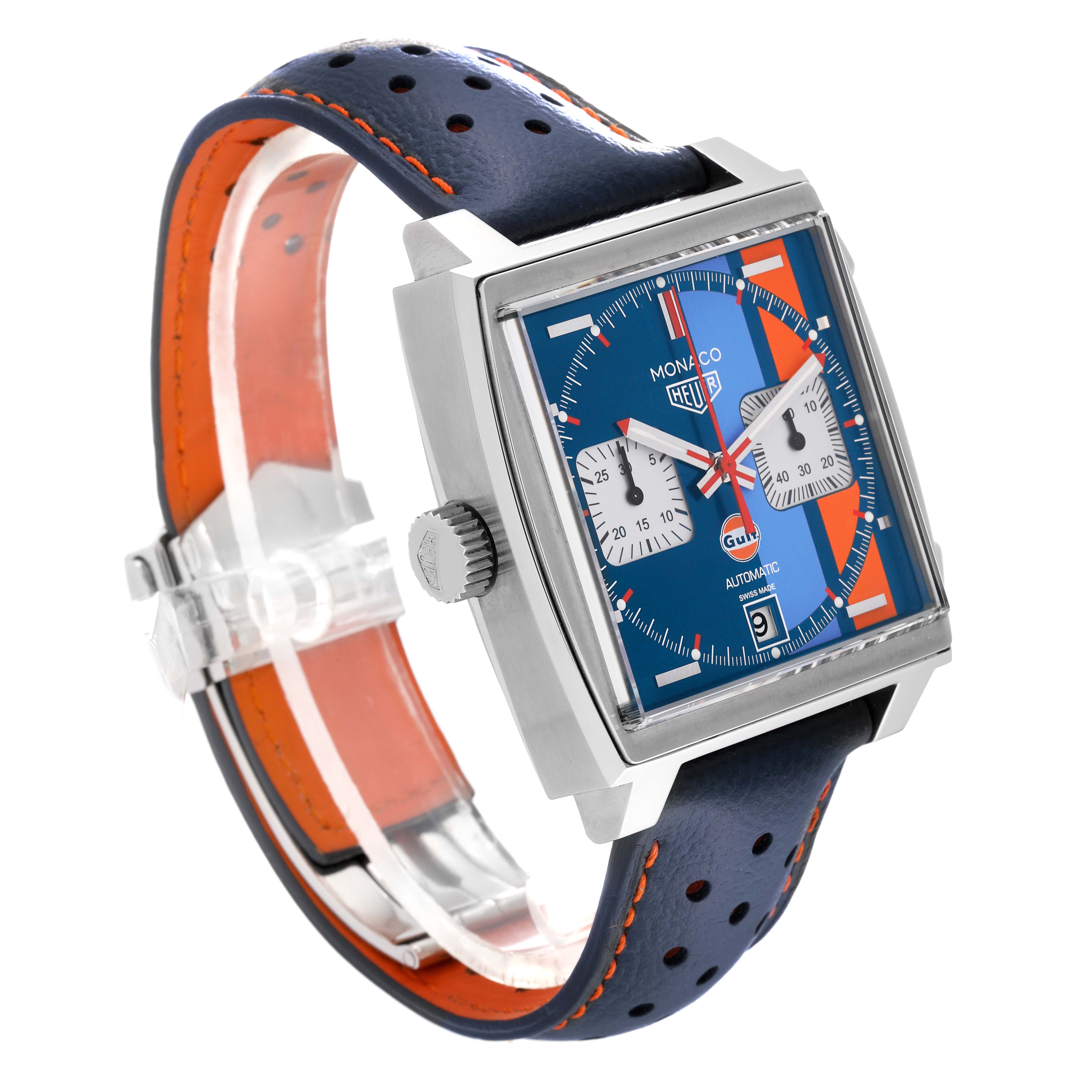 This image shows a side and front view of the Tag Heuer Monaco CAW211R.FC6401 Men's Stainless Steel Blue Dial CAW211R.FC6401 Men's Stainless Steel Blue Dial watch, displaying its square dial and leather strap.