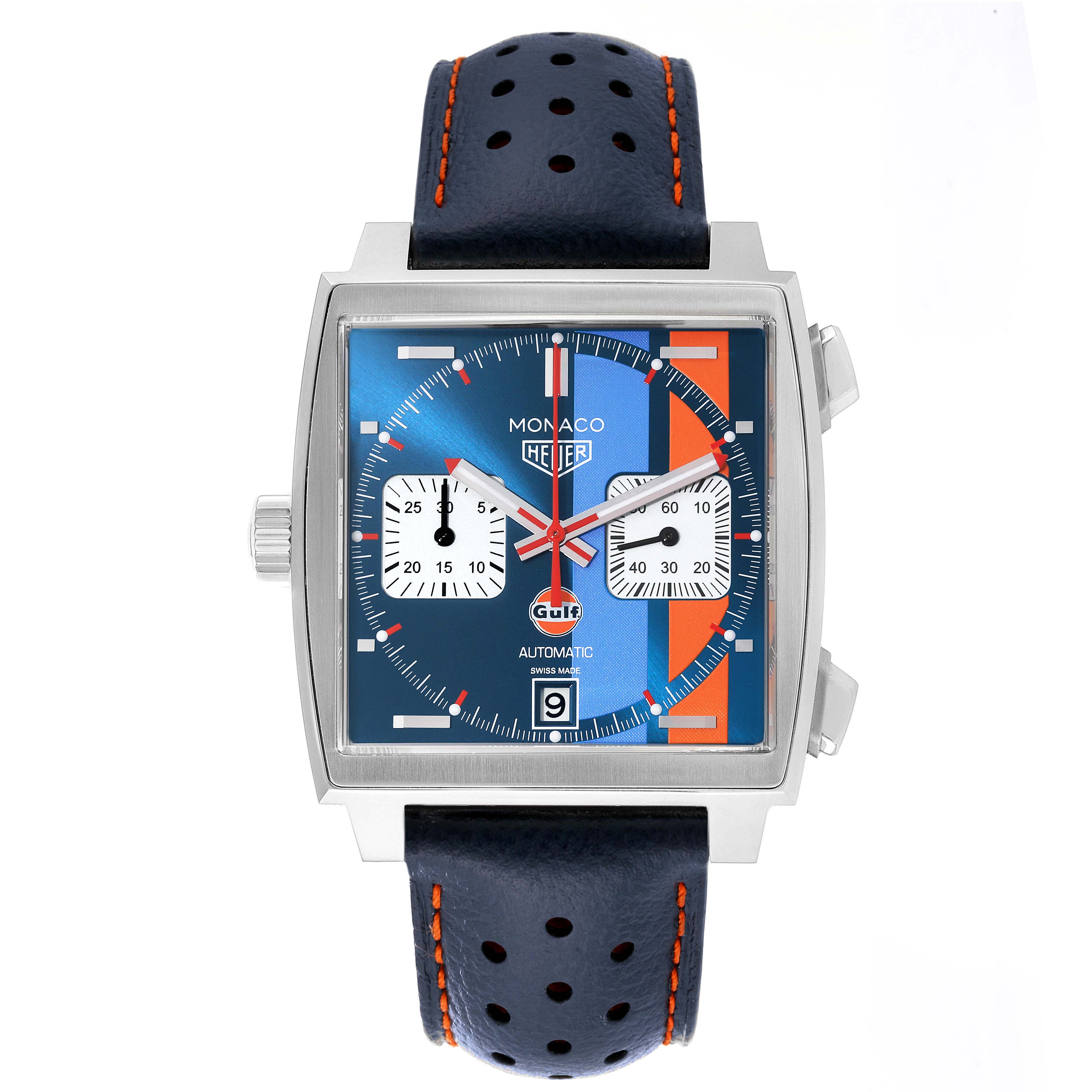 The image shows a Tag Heuer Monaco CAW211R.FC6401 Men's Stainless Steel Blue Dial CAW211R.FC6401 Men's Stainless Steel Blue Dial watch with a blue and orange dial and a perforated black leather strap, viewed from the front.